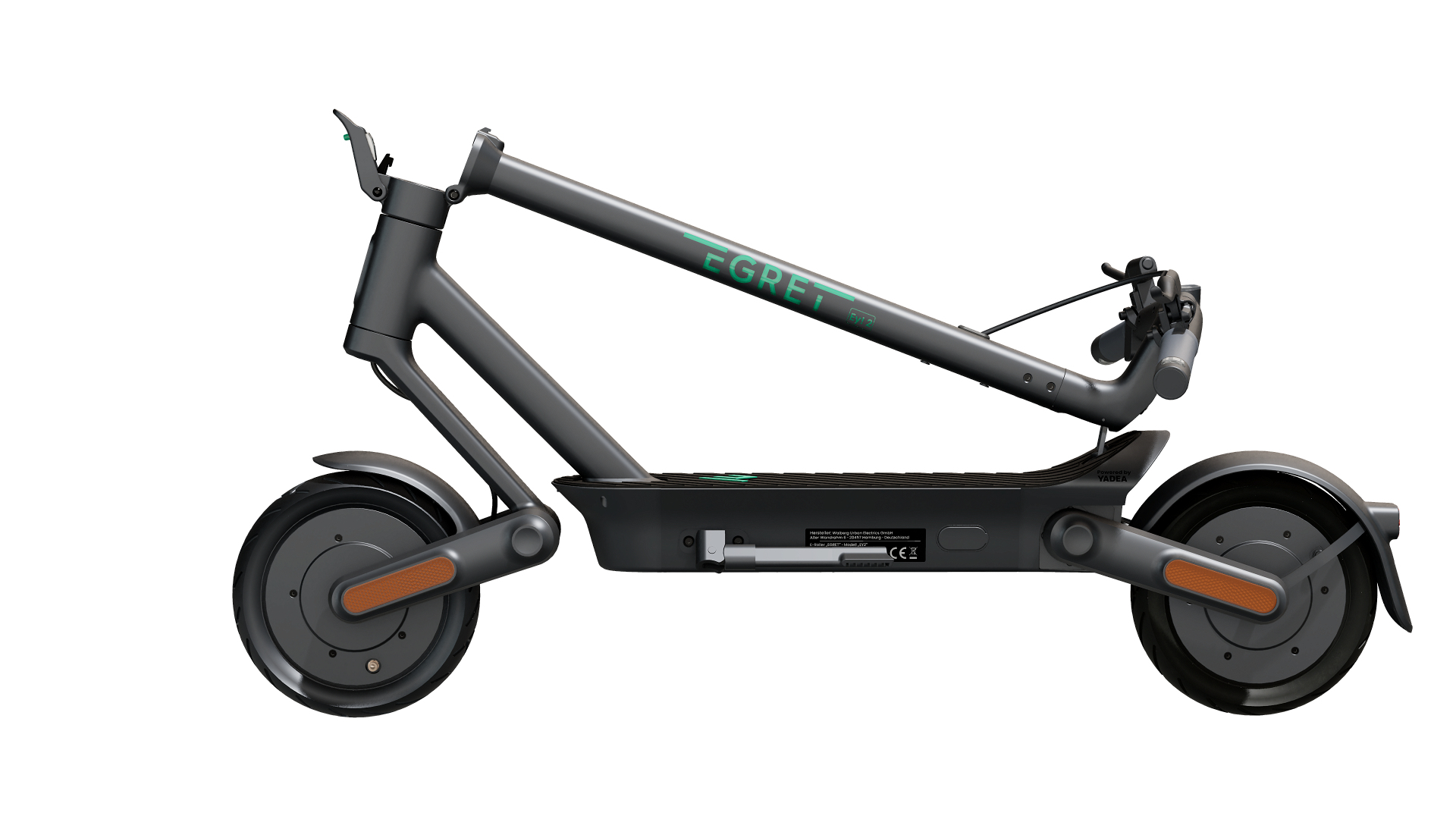 Ein zusammengeklappter grauer Egret Pro Roller mit grünem Logo auf dem Vorbau, isoliert auf weißem Hintergrund.