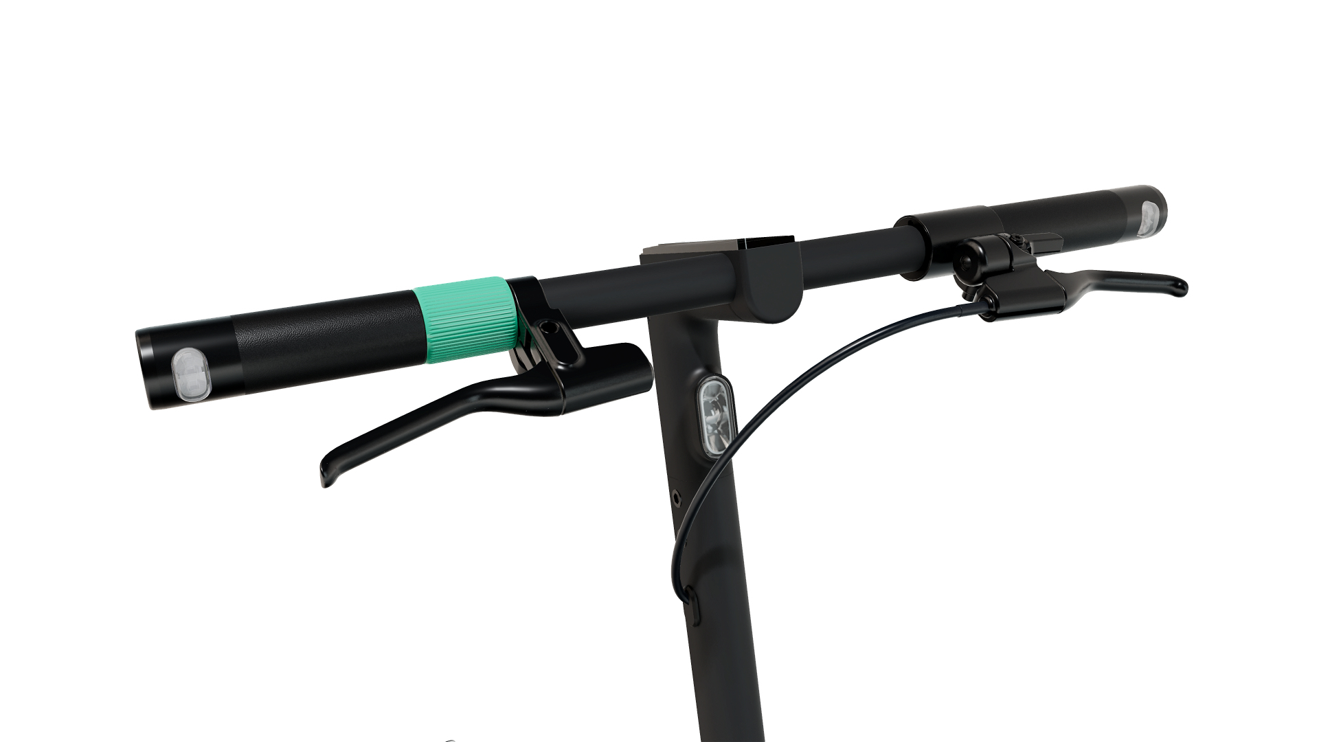 Nahaufnahme des Lenkers eines Elektrorollers. Zeigt den Griff, den Bremshebel und einen grünen Griff.