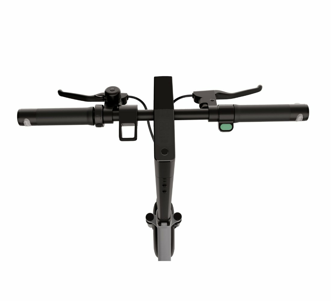 Roller-Lenker, schwarz mit Handbremsen und Lichtern. Draufsicht, freigestellt auf Weiß.