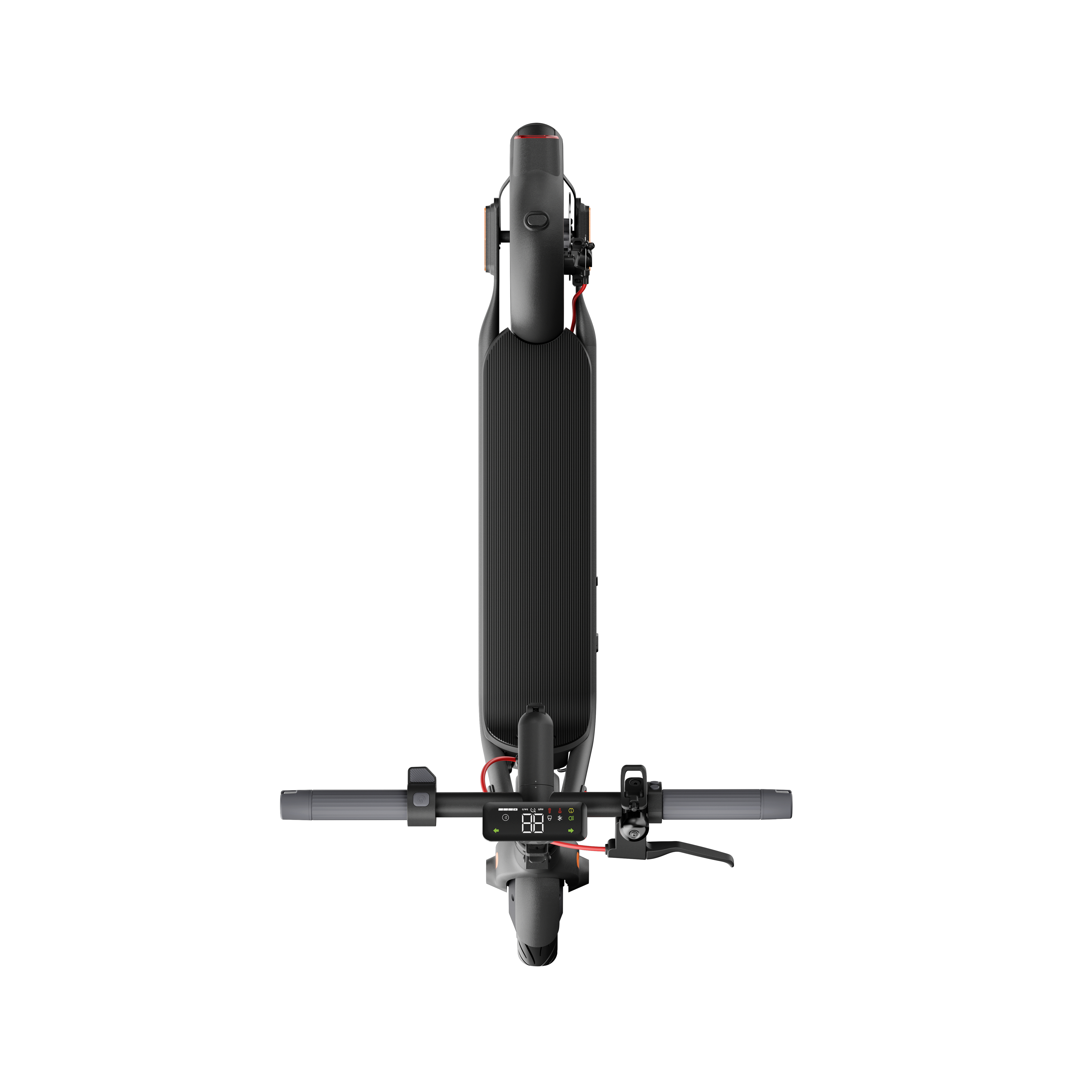 Widok z góry na czarną hulajnogę elektryczną. Widoczne kierownica, podest i opony. Białe tło.