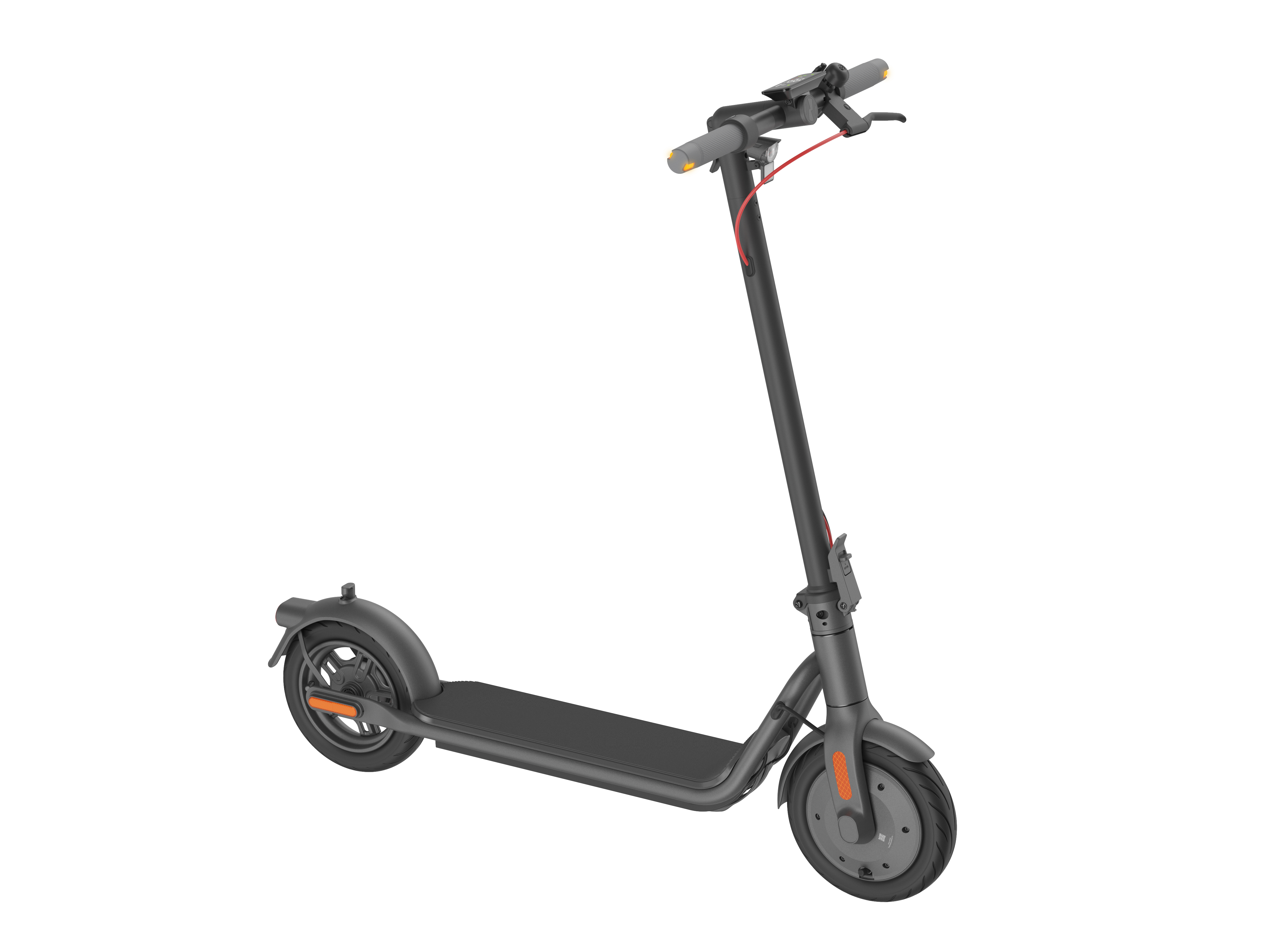 A black electric scooter on a white background with a red cable for the brake.