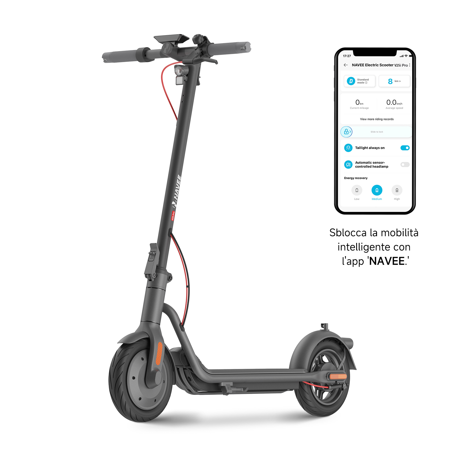 Grey Navee electric scooter with a phone displaying app features. The scooter has a red cable.