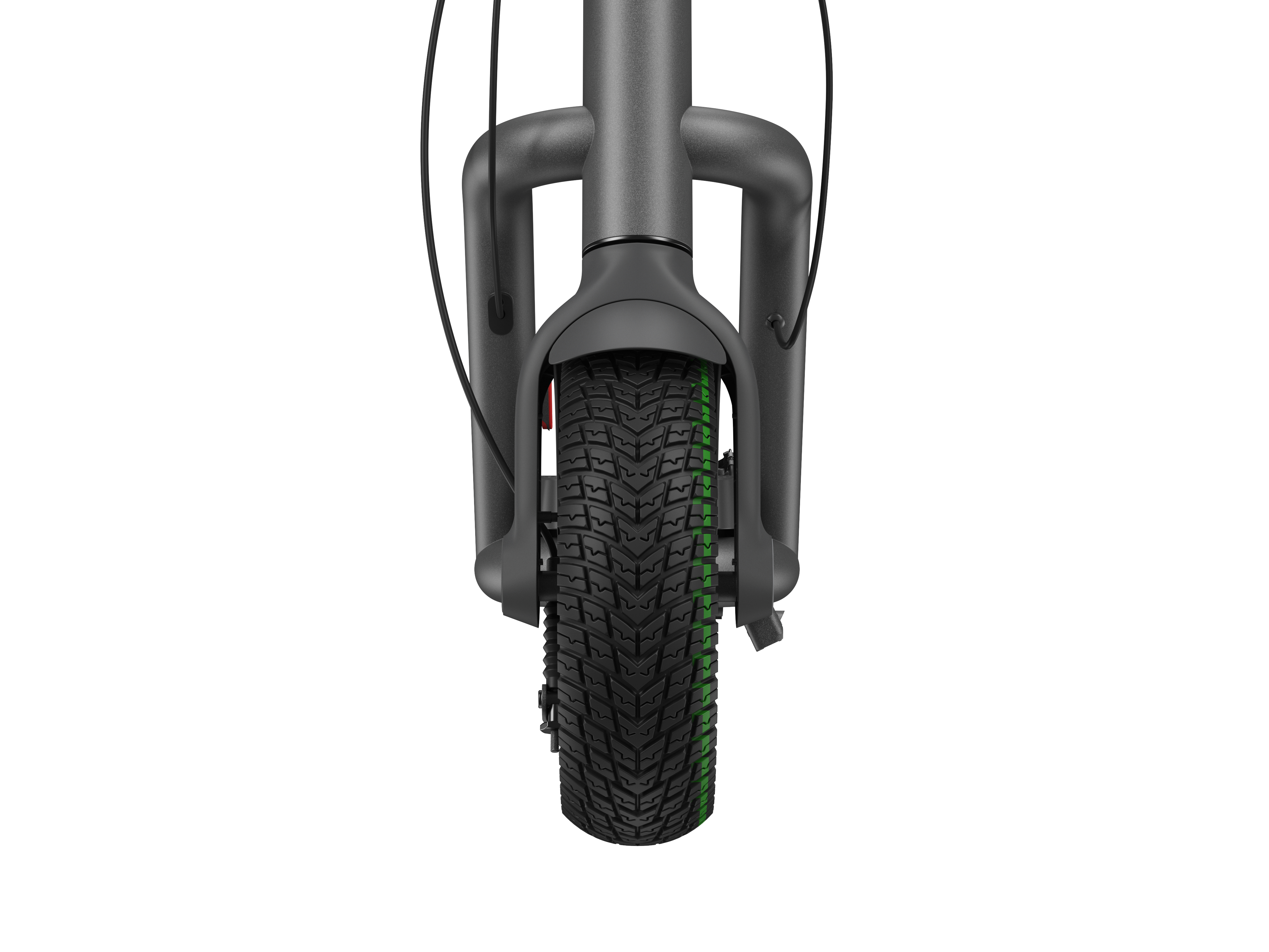 Rueda delantera de un scooter gris, con neumático negro y acentos verdes.