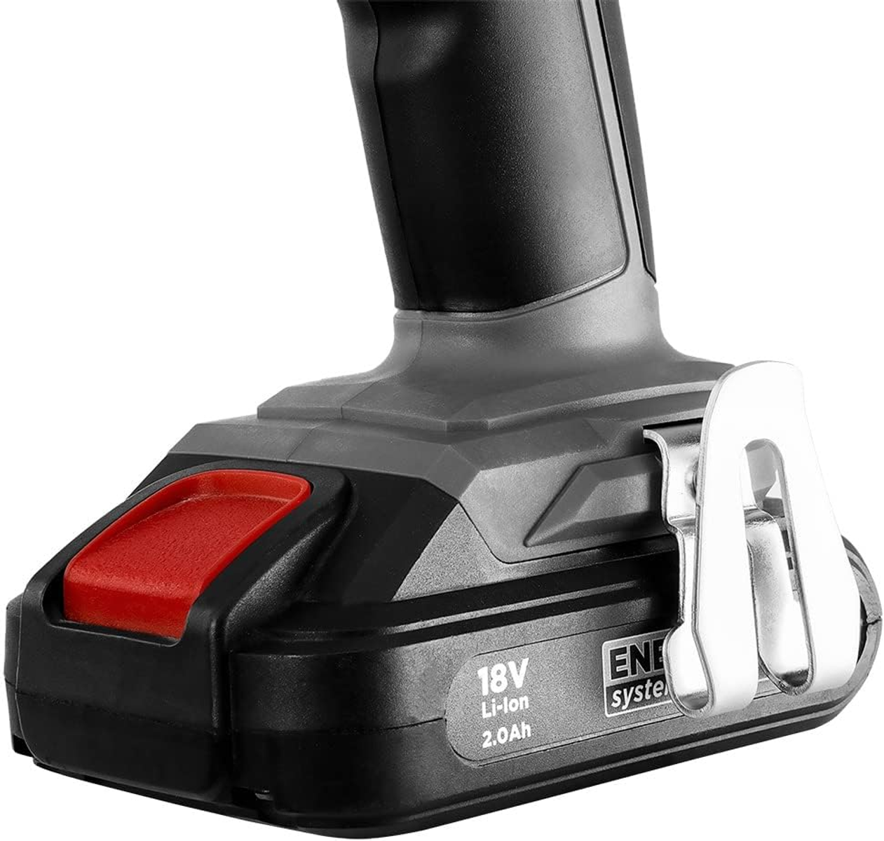 Primo piano di una batteria per utensili elettrici nera e grigia con pulsante di rilascio rosso e clip argentata.