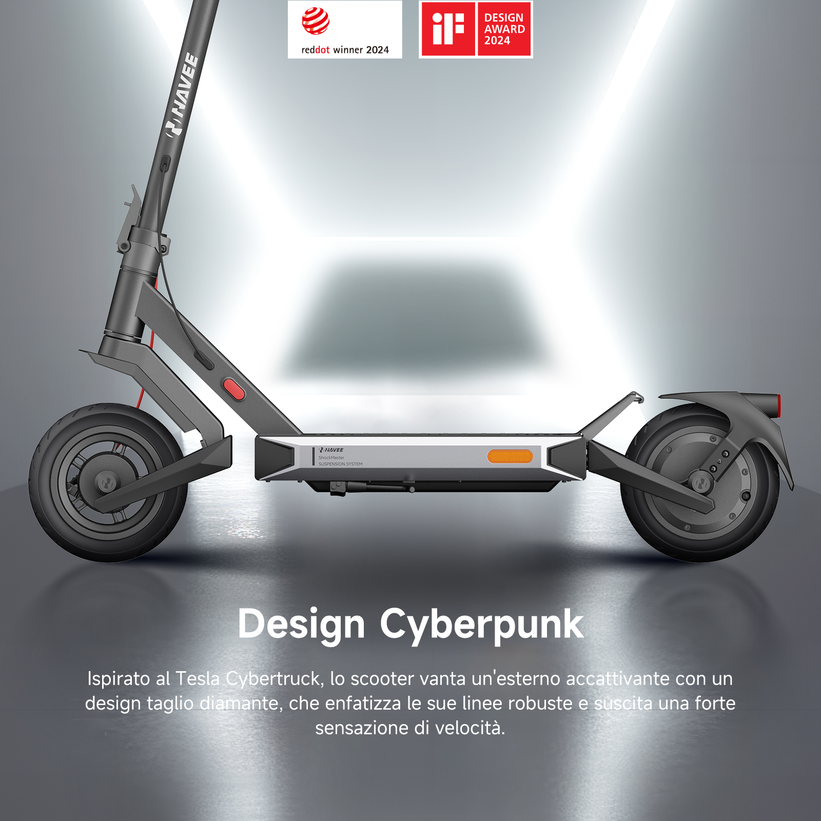 Szary skuter elektryczny Navee na odblaskowej powierzchni. Design podkreślony tekstem i odznakami nagród.