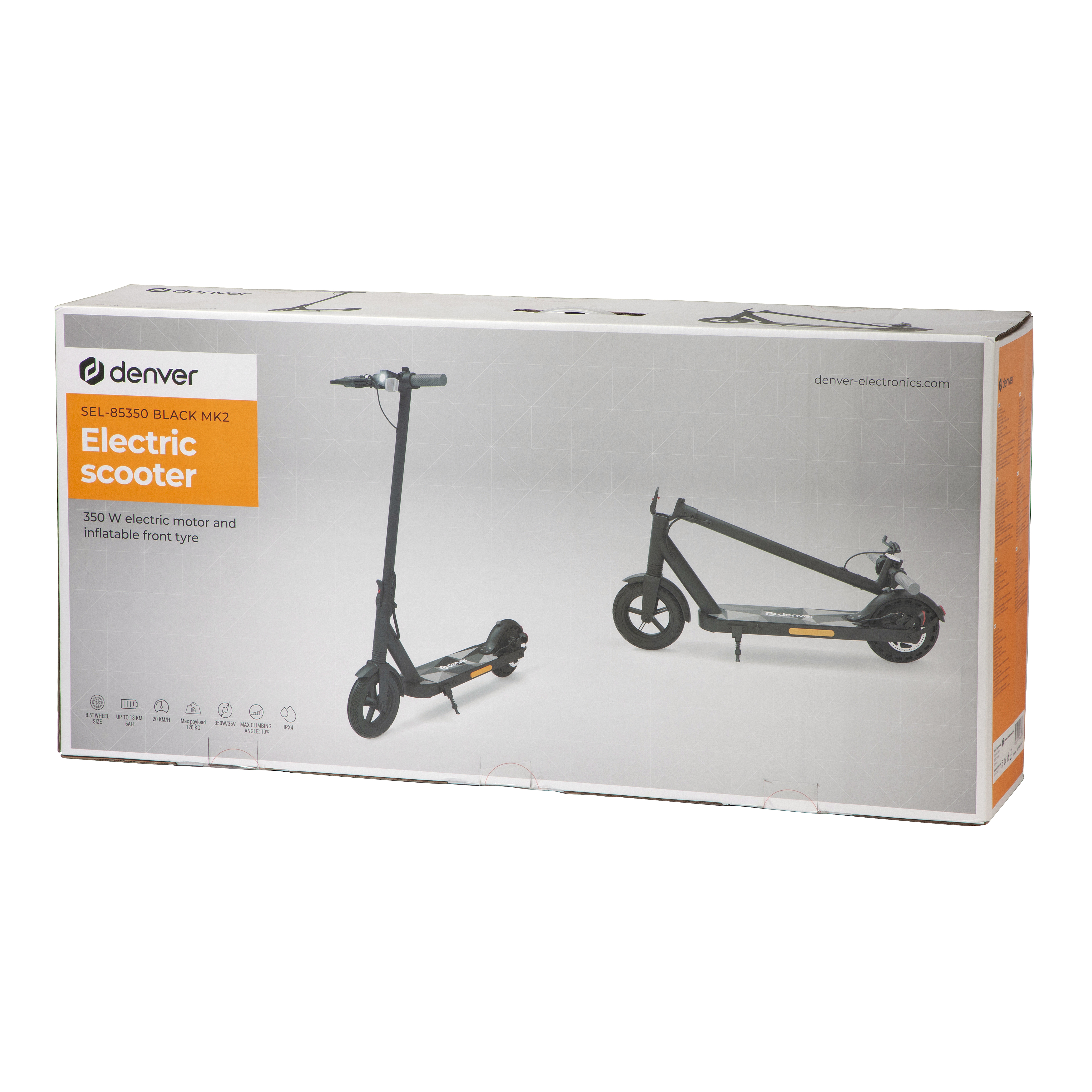 Scatola per scooter elettrico, sfondo bianco, con due scooter illustrati. Dettagli della scatola includono marchio e specifiche.