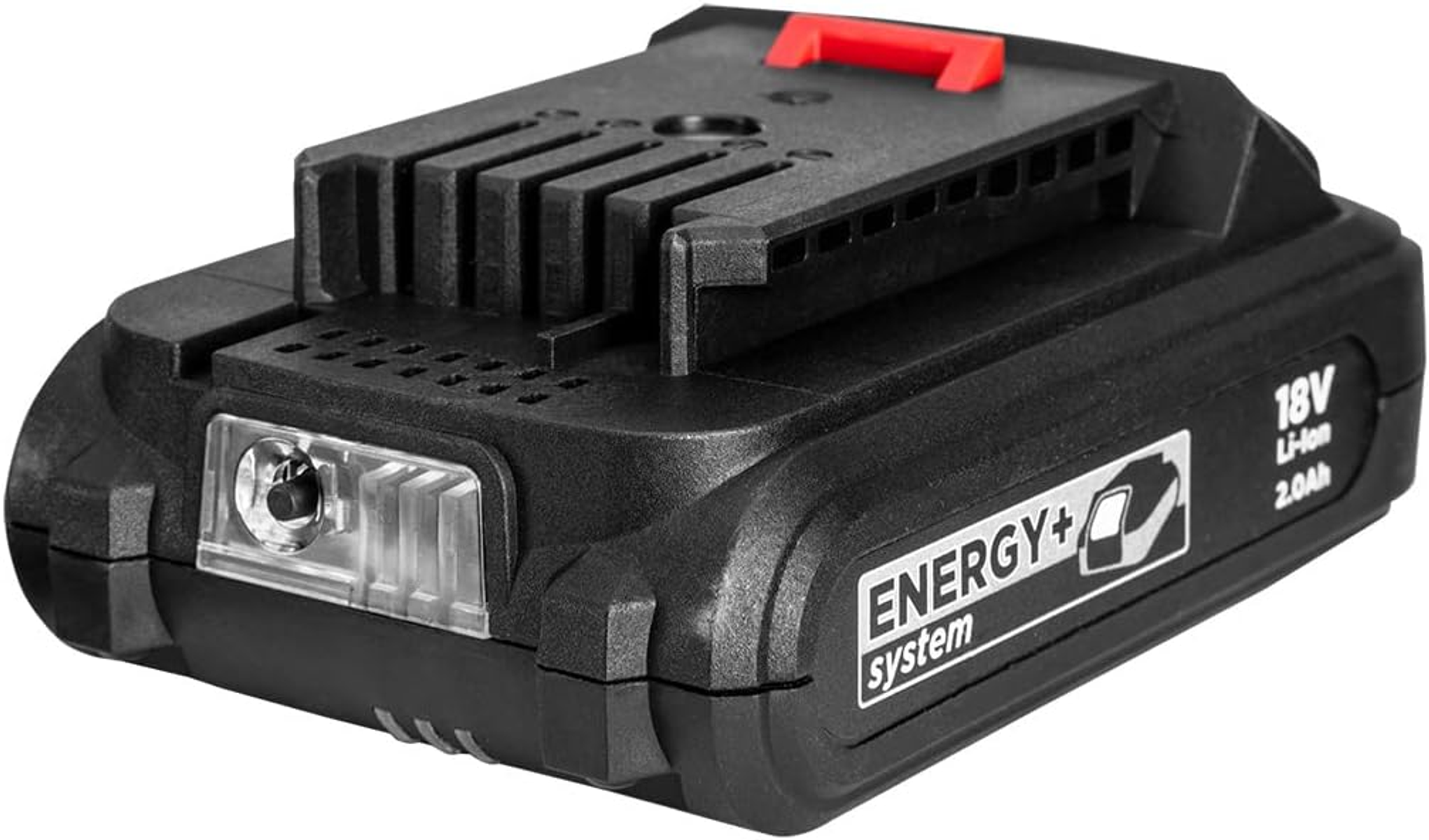 Una batteria agli ioni di litio da 18 V nera e rossa con il nome del marchio e le specifiche.