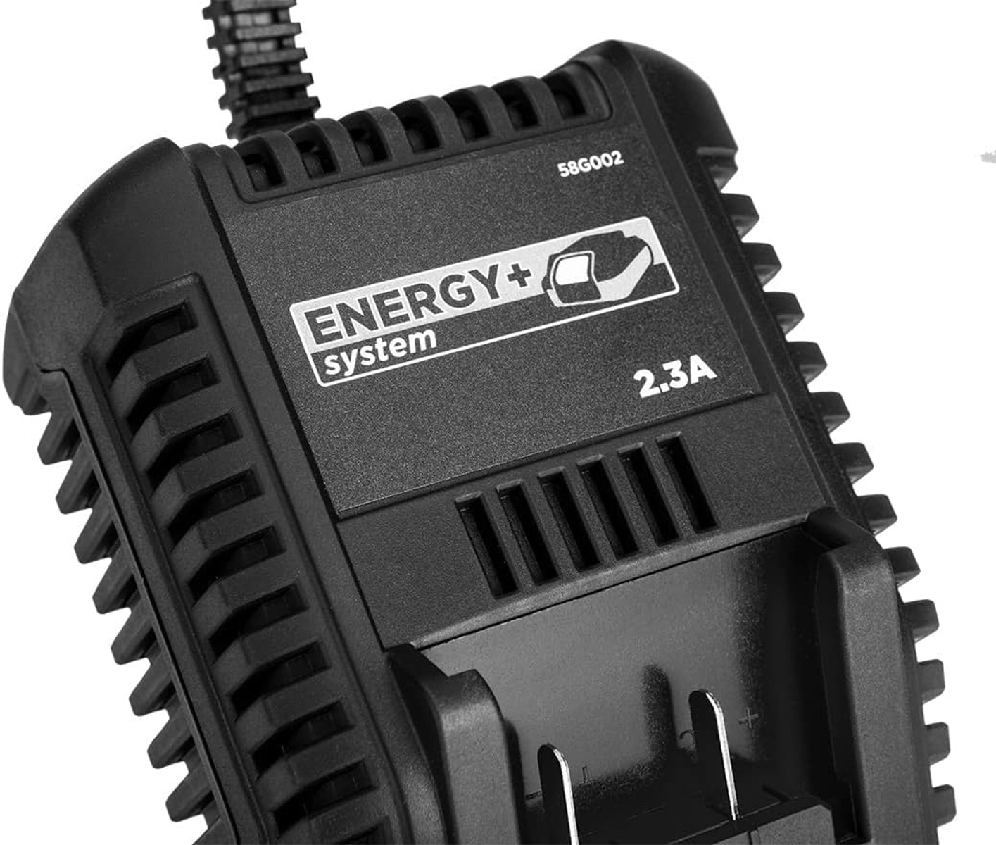 Caricabatterie nero con testo 'ENERGY+ system' e grafica. Primo piano.