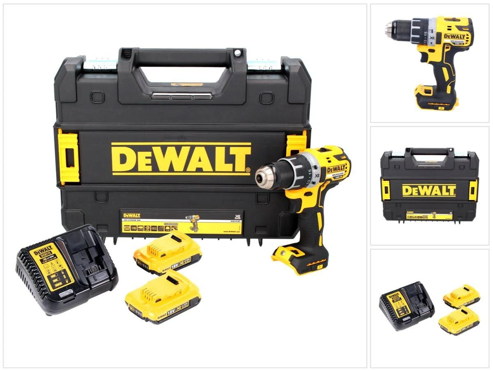 Czarno-żółty zestaw wiertarki DeWalt. Zawiera baterie, ładowarkę i walizkę. Pokazano kolejną wiertarkę.