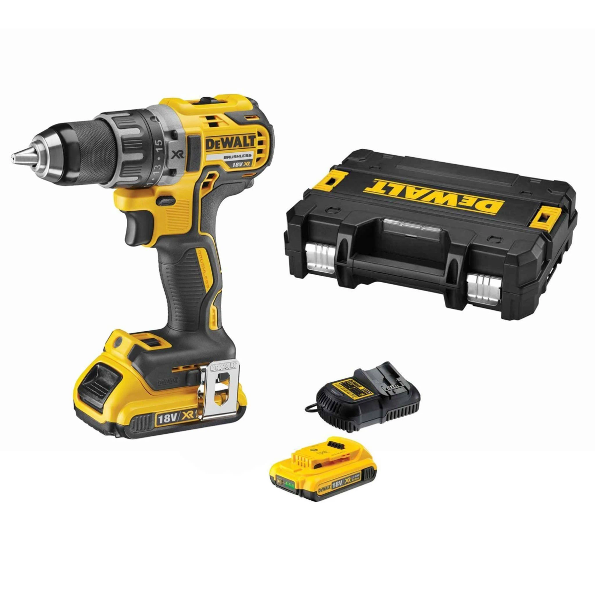 Żółto-czarna wiertarka DeWalt, ładowarka i bateria znajdują się na białej powierzchni.