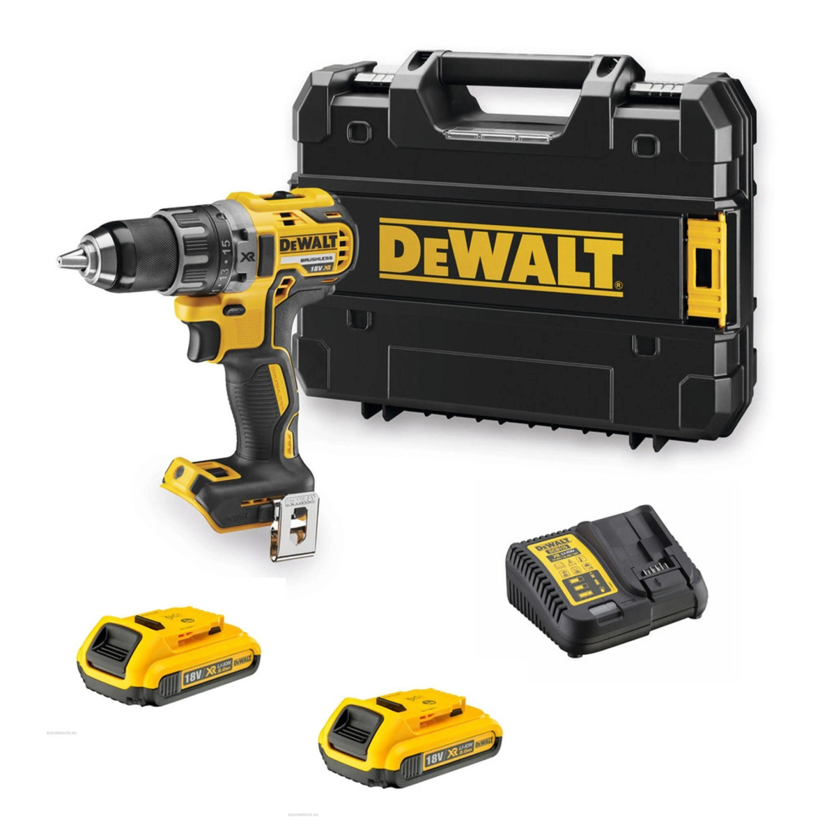 Wiertarka z dwoma żółtymi bateriami, ładowarką i czarną walizką.