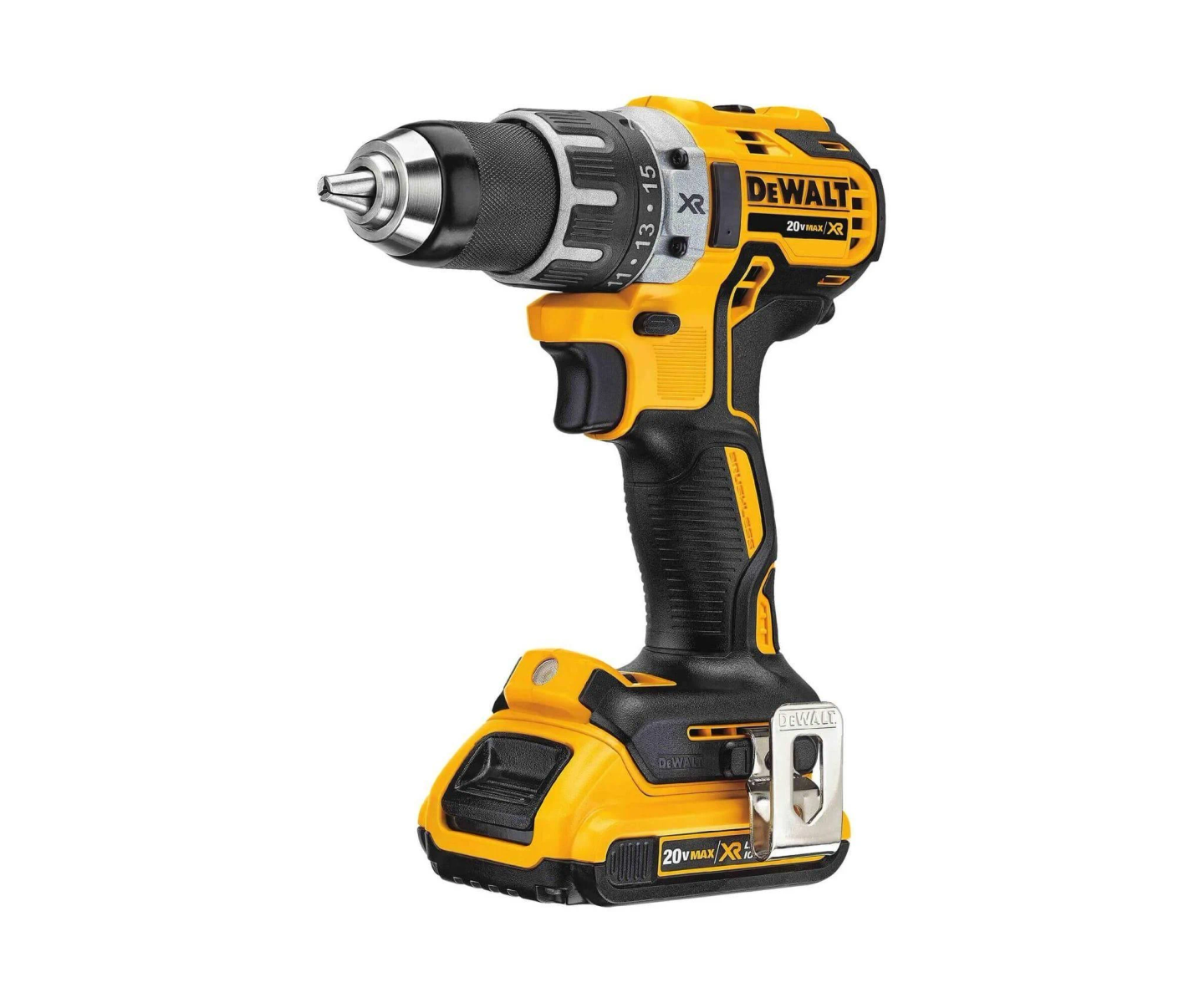 Czarno-żółta wiertarka DeWalt na białym tle.