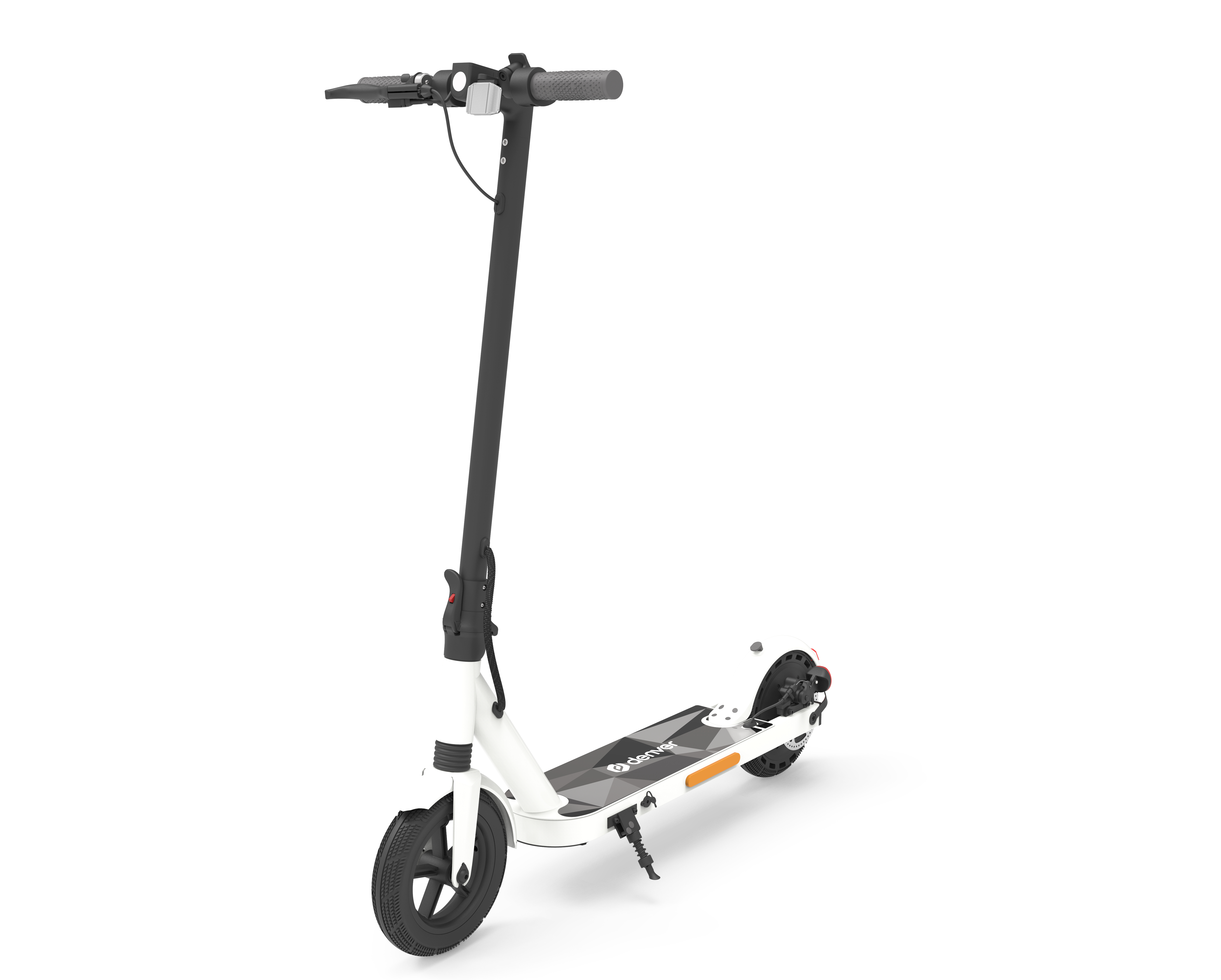 Monopattino elettrico bianco. Ha manubrio nero, pedana e ruote nere. Isolato su bianco.