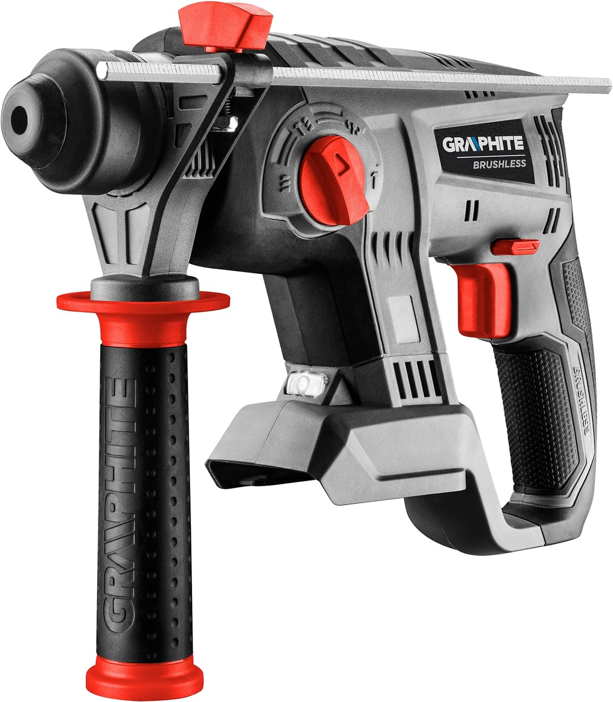 Un trapano a percussione Graphite grigio e rosso senza spazzole. Ha un'impugnatura e un grilletto rossi.