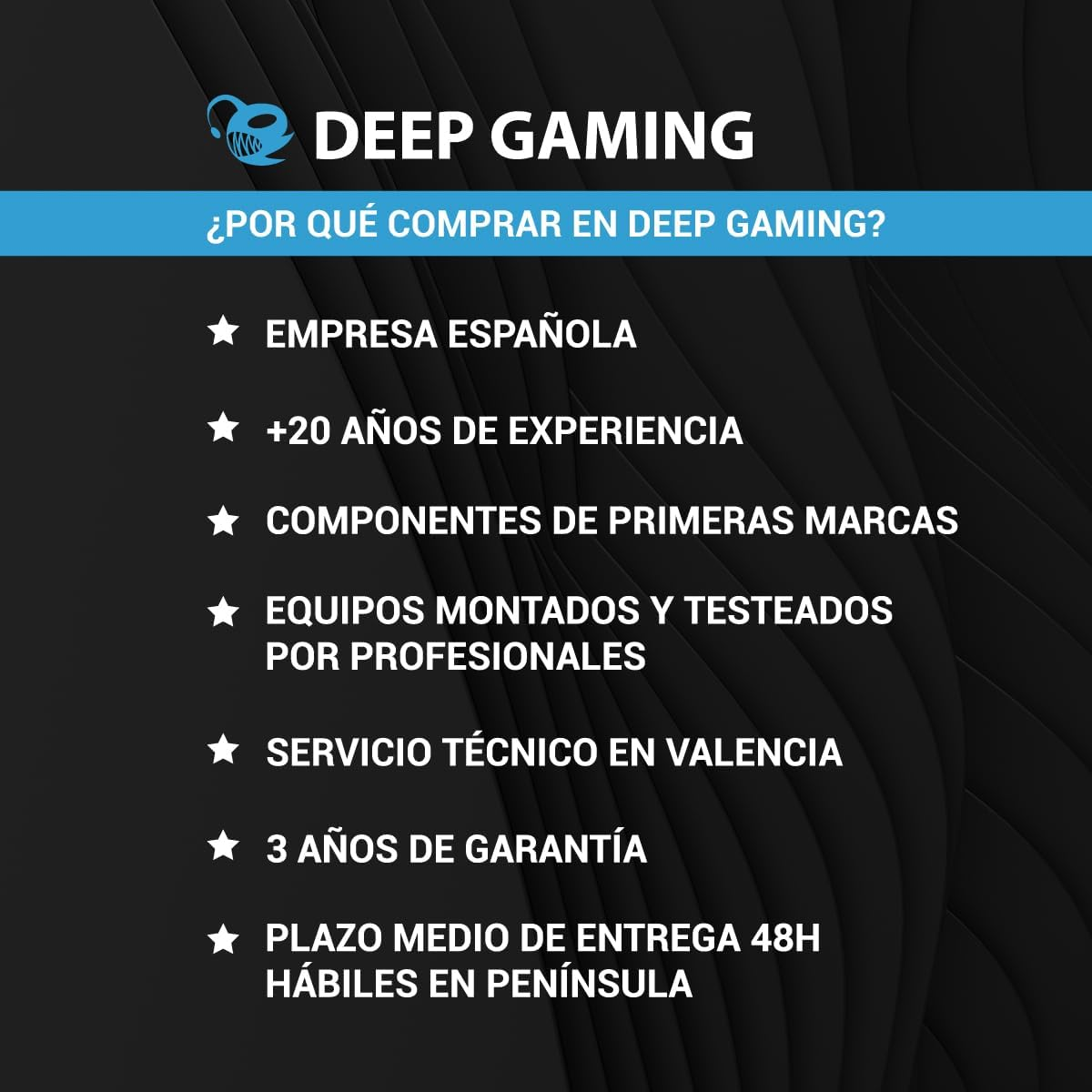 Una imagen promocional con texto en español sobre las ventajas de comprar en Deep Gaming.