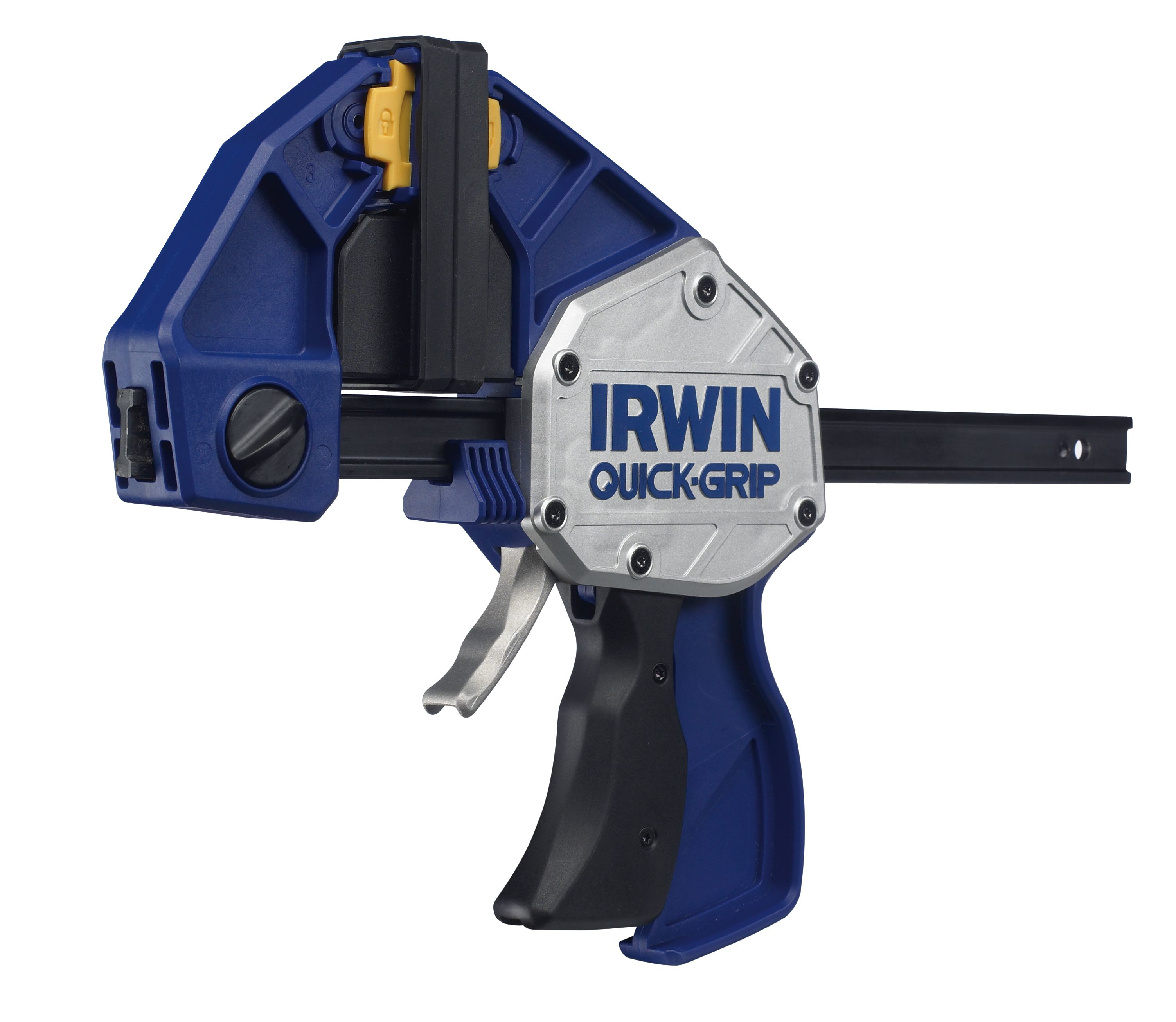 Eine Irwin Quick-Grip Klemme, blau und silber, auf weiß.