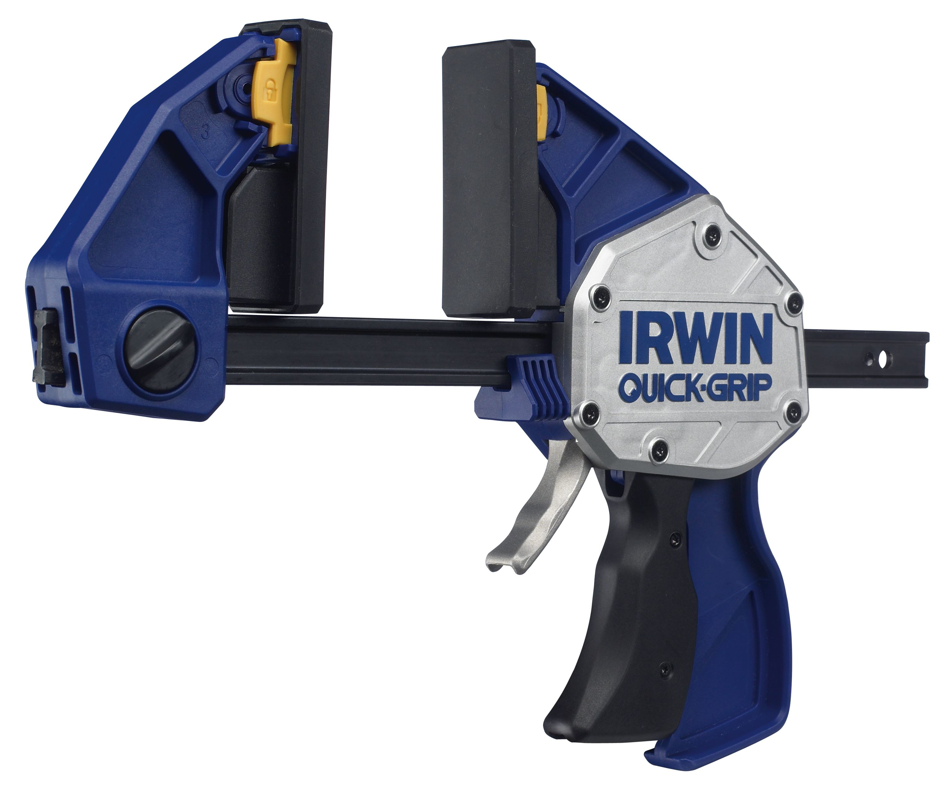 Eine Irwin Quick-Grip Klemme, blau und silber, auf weiß.