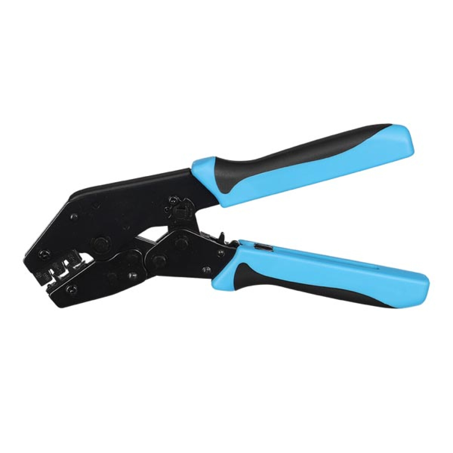 Narzędzie do zaciskania, czarne i niebieskie uchwyty, otwarte. Widoczne szczęki.