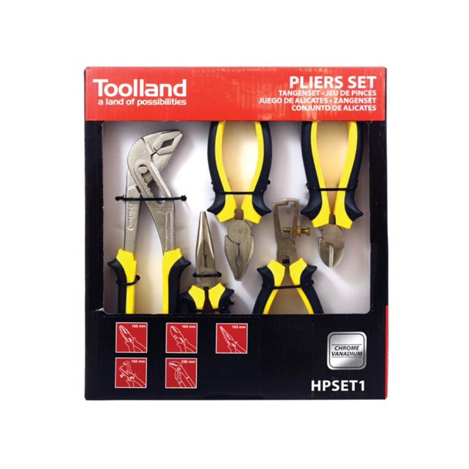 Zestaw szczypiec w pudełku. Szczypce mają żółto-czarne uchwyty.