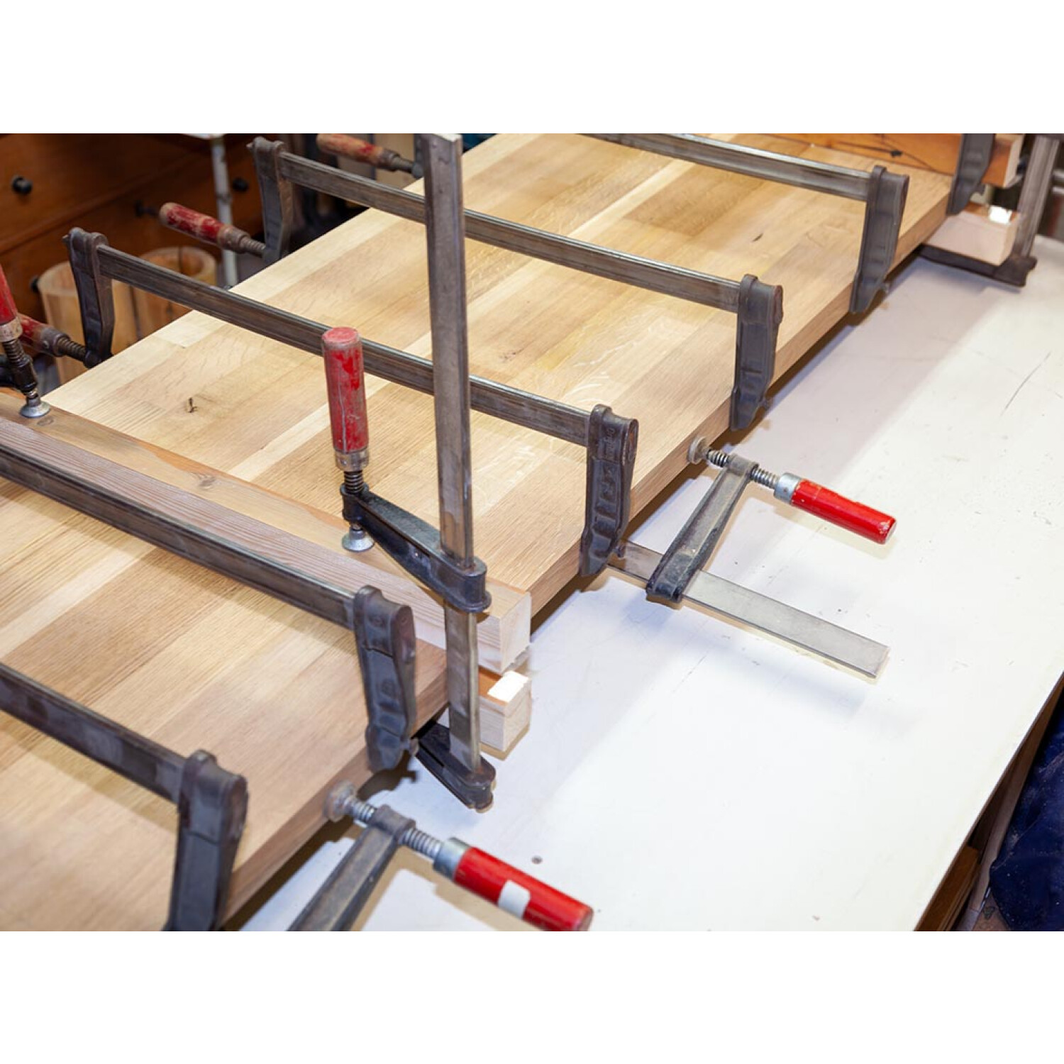 Holzbretter mit Metallklemmen und roten Griffen zusammengeklemmt. Werkstatteinstellung.