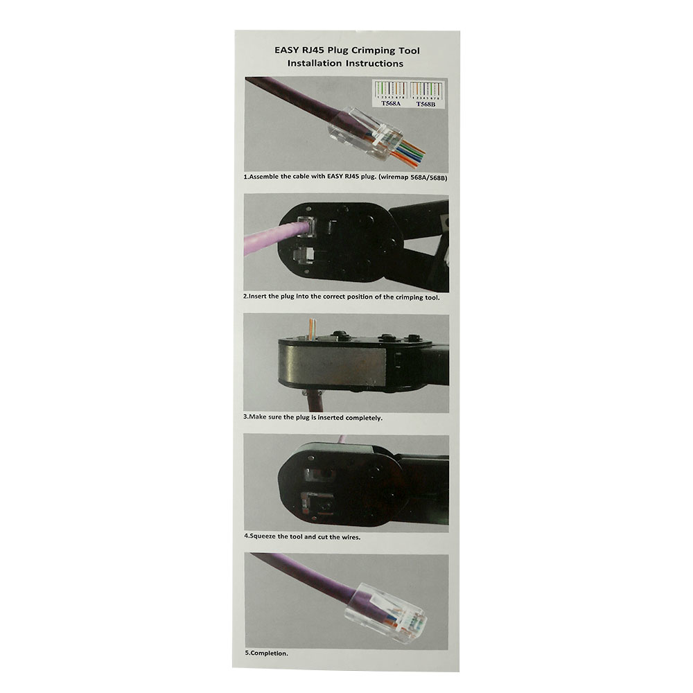 Diagramme montrant comment sertir une prise RJ45. Instructions avec images et texte inclus.