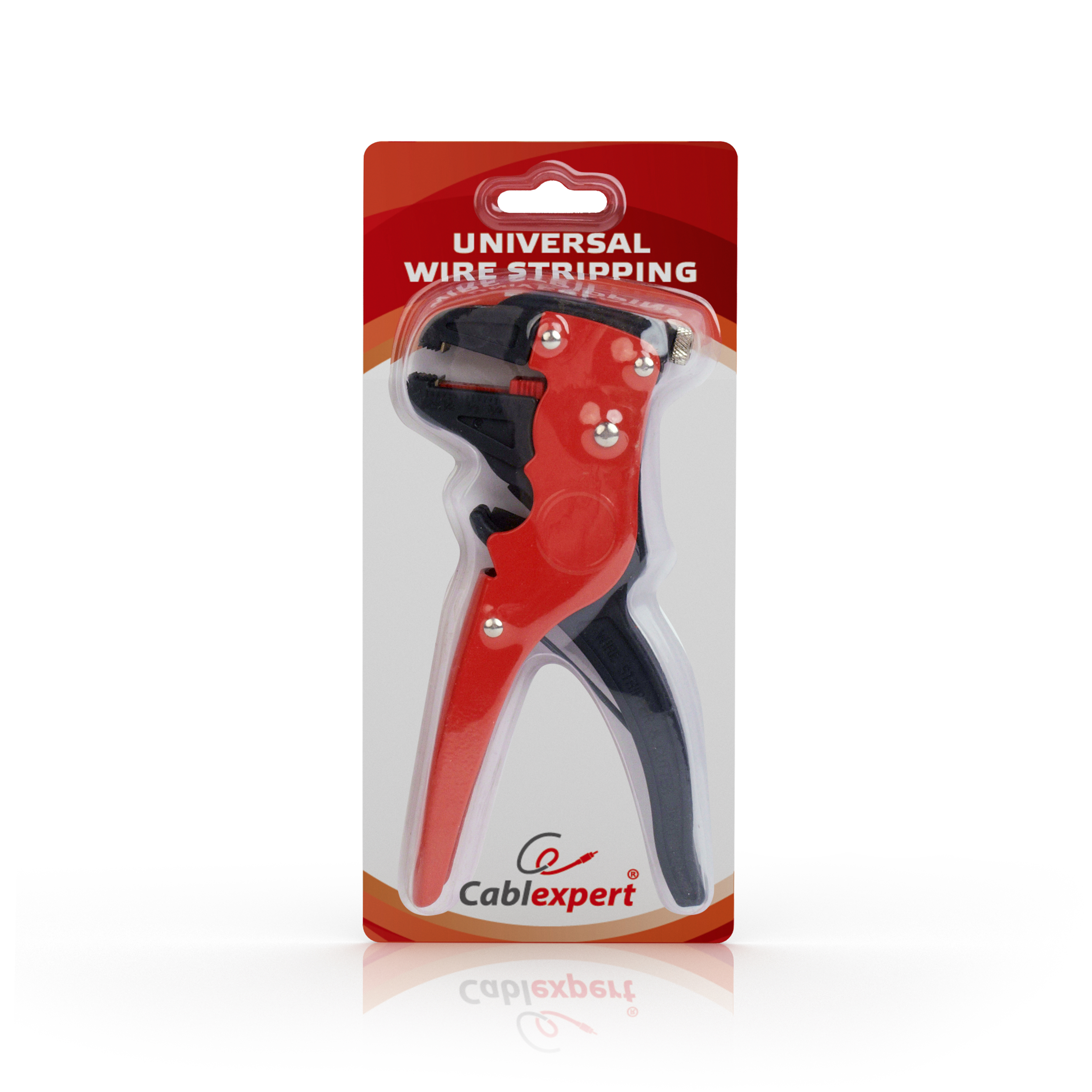Una herramienta universal para pelar cables en un paquete. Tiene mangos rojos y negros con una cubierta de plástico transparente.