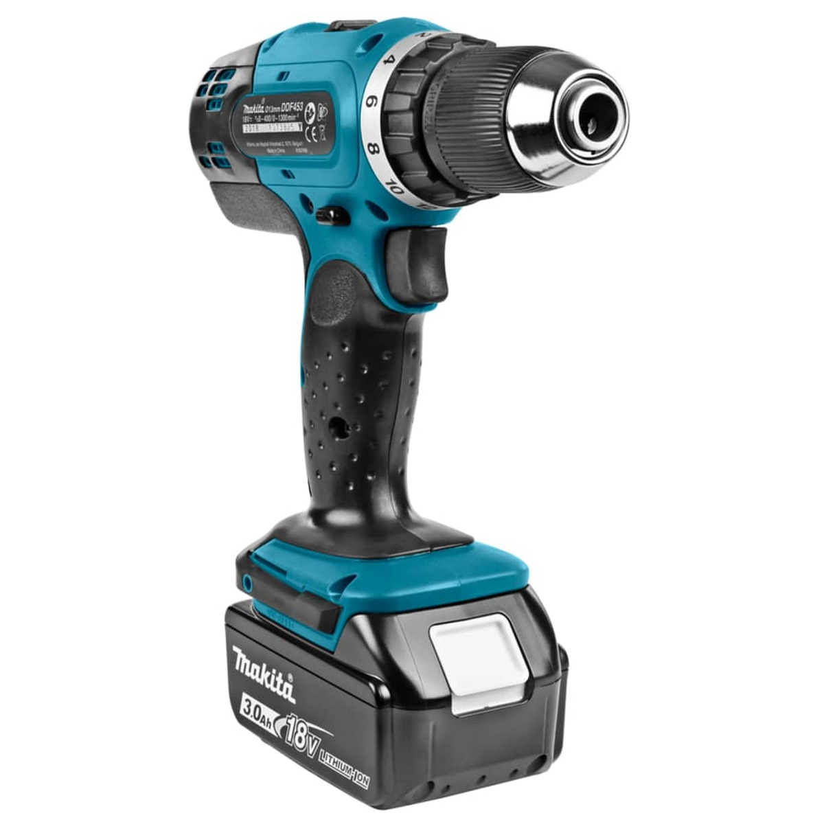Türkisfarbene Makita-Bohrmaschine mit schwarzem Griff und Akku.