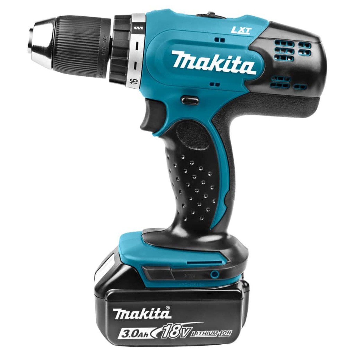 Ein blau-schwarzer Makita Akkubohrer mit Akku.