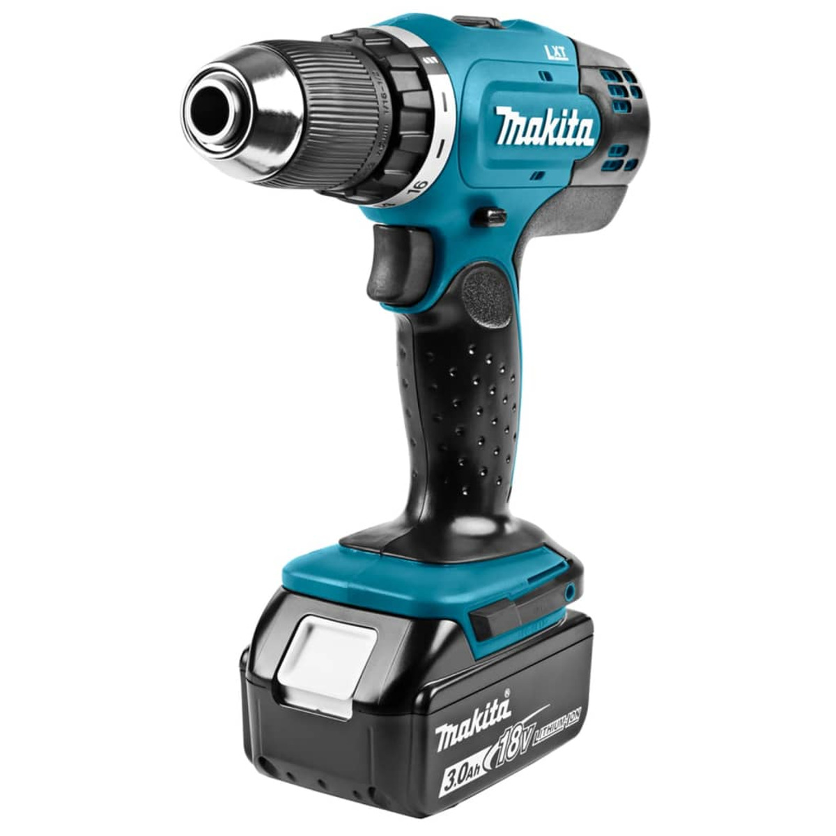 Blau-schwarzer Makita-Bohrer. Ein Akku ist an der Basis befestigt. Der Bohrer ist vorne.