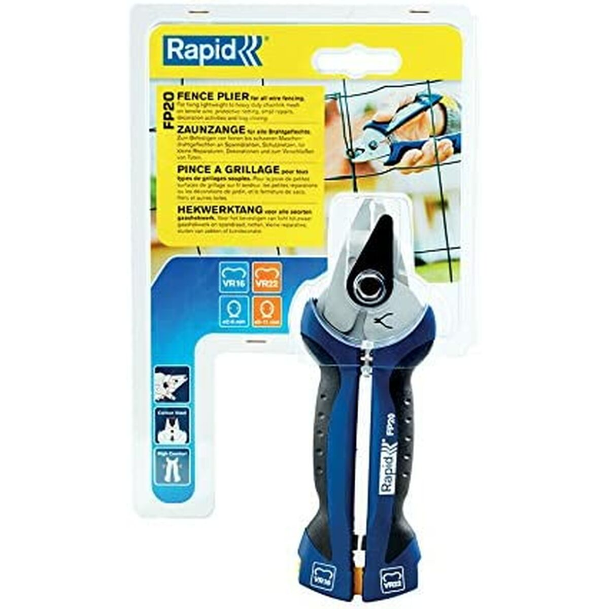 A blue and black tool is in its packaging, used for wire fencing. Package has instructions and illustrations.