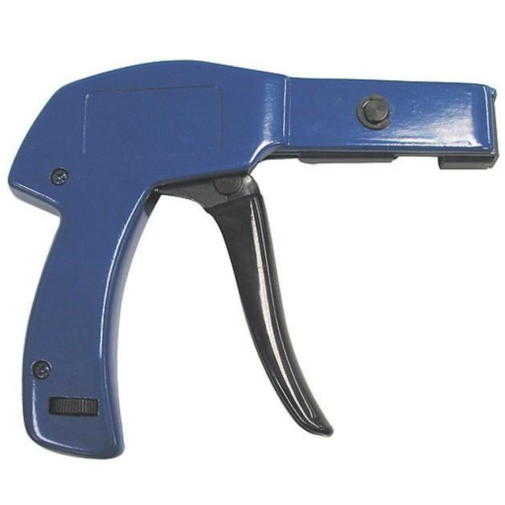 Una pistola para bridas azul y negra con gatillo y mango curvo. Diseñada para un uso fácil.