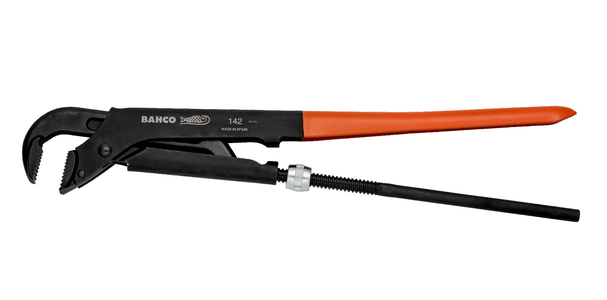 Schwarzer Rohrzange mit orangefarbenem Griff. Weißer Hintergrund.