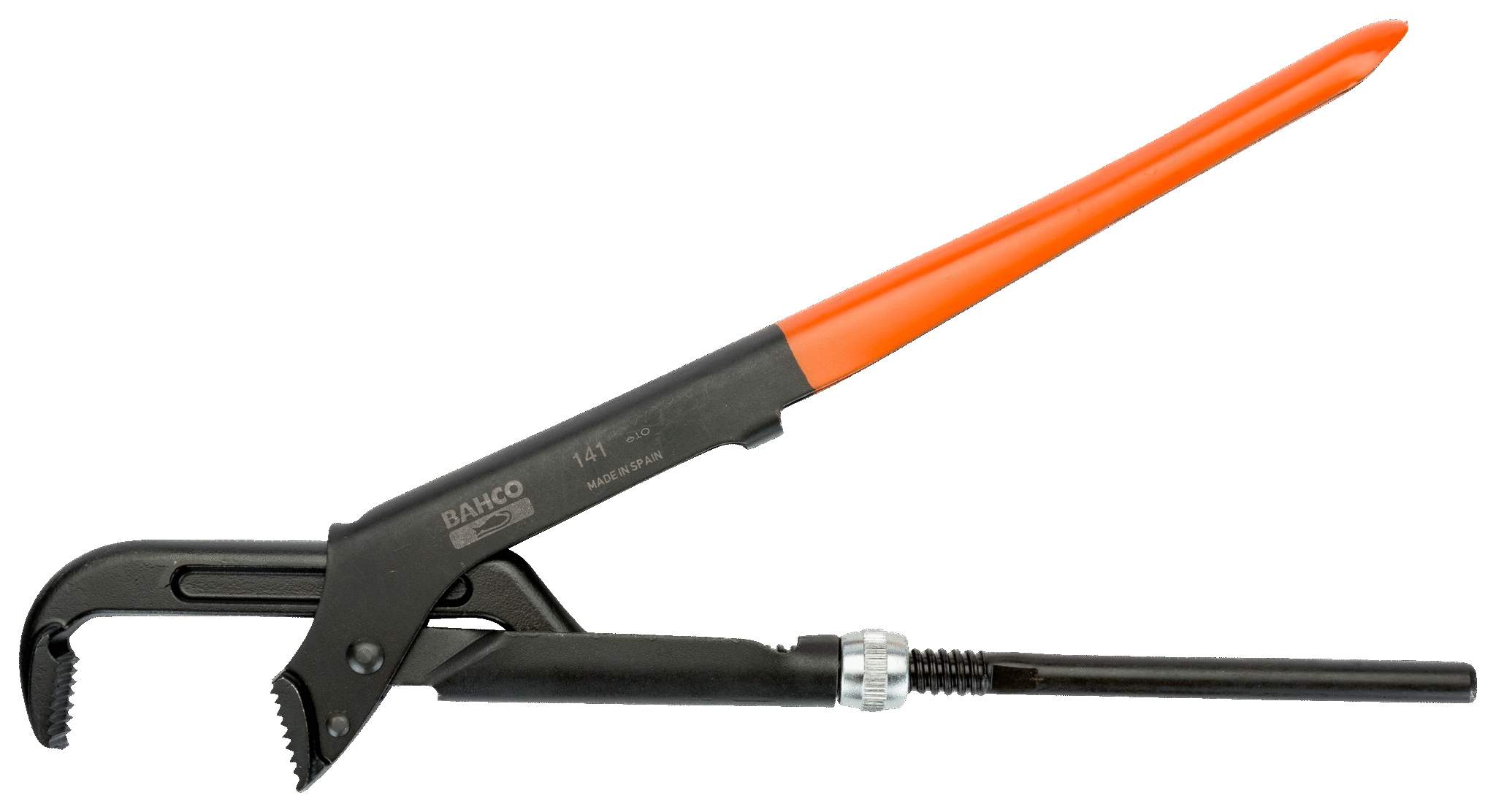 Schwarzer Rohrzange mit orangefarbenem Griff. Weißer Hintergrund.