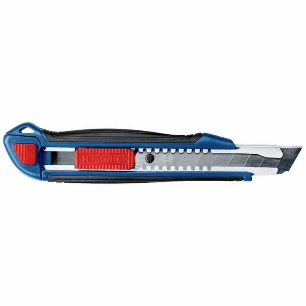 Blaues und schwarzes Bosch-Universalmesser mit rotem Schieber.