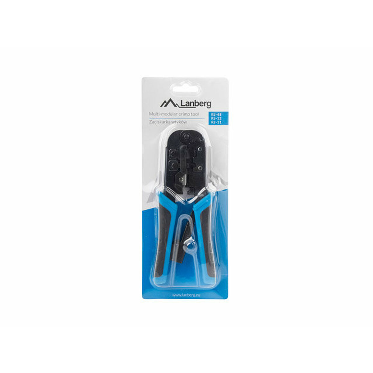Zaciskarka RJ45 Lanberg w blistrze, niebieskie i czarne uchwyty.