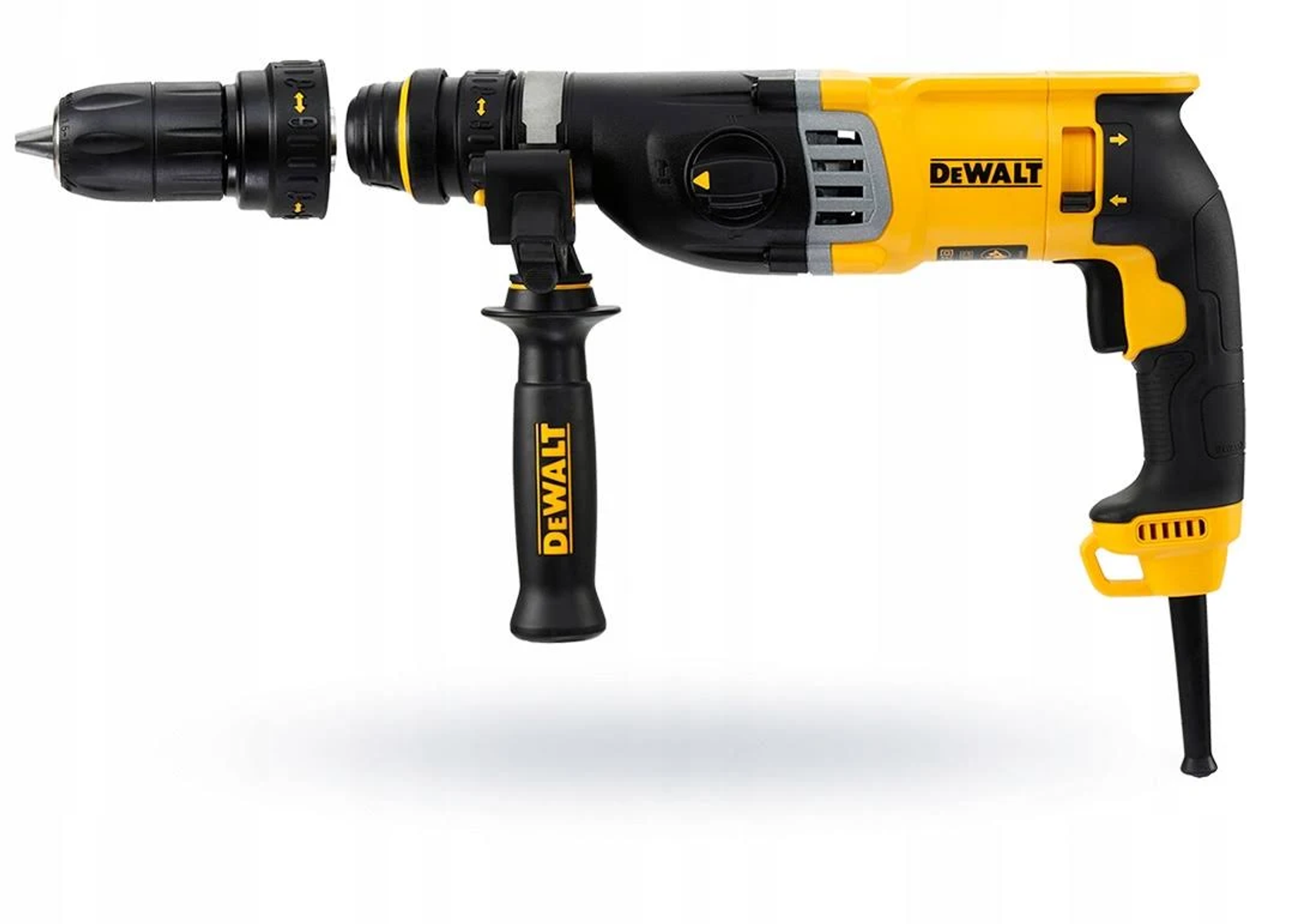 Żółto-czarna wiertarka DeWalt. Czarny uchwyt z logo DeWalt i czarna głowica wiertnicza.