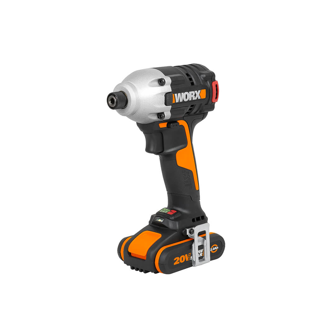 Czarny, srebrny i pomarańczowy klucz udarowy WORX. Znajduje się na białym tle.