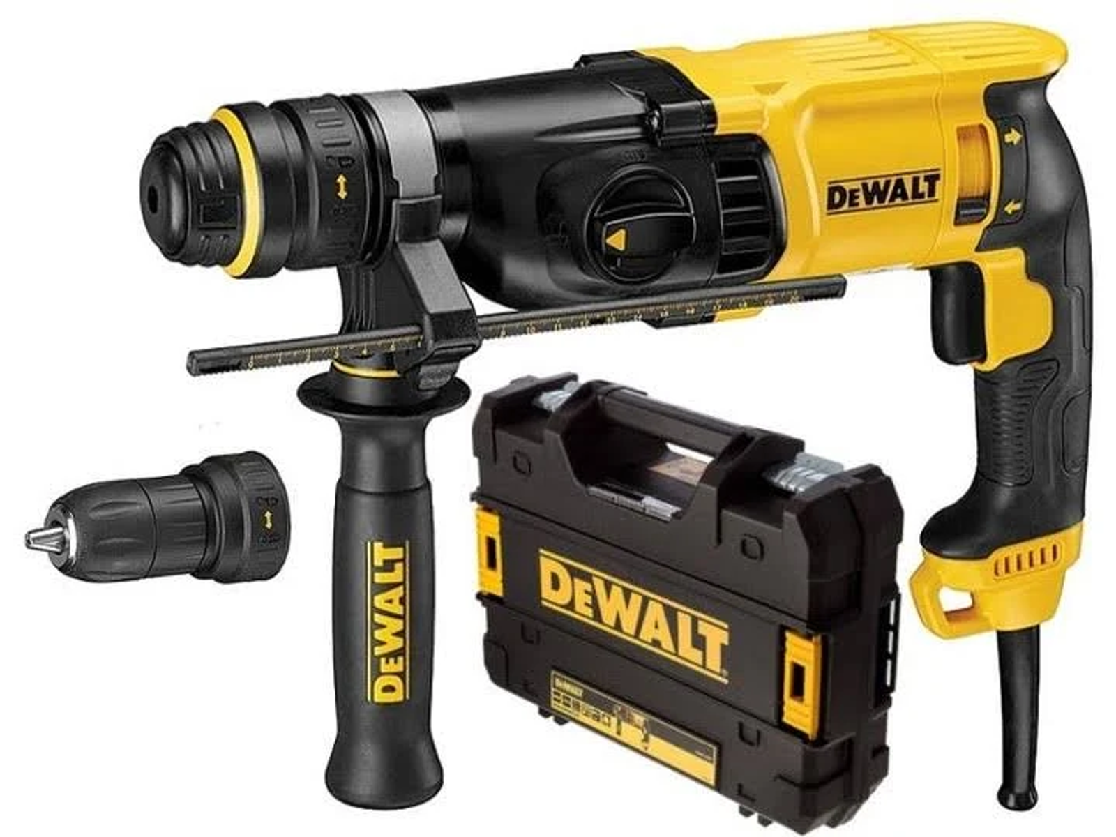 Żółto-czarna wiertarka Dewalt z walizką i dodatkowymi wiertłami. Czarny uchwyt, żółty korpus.