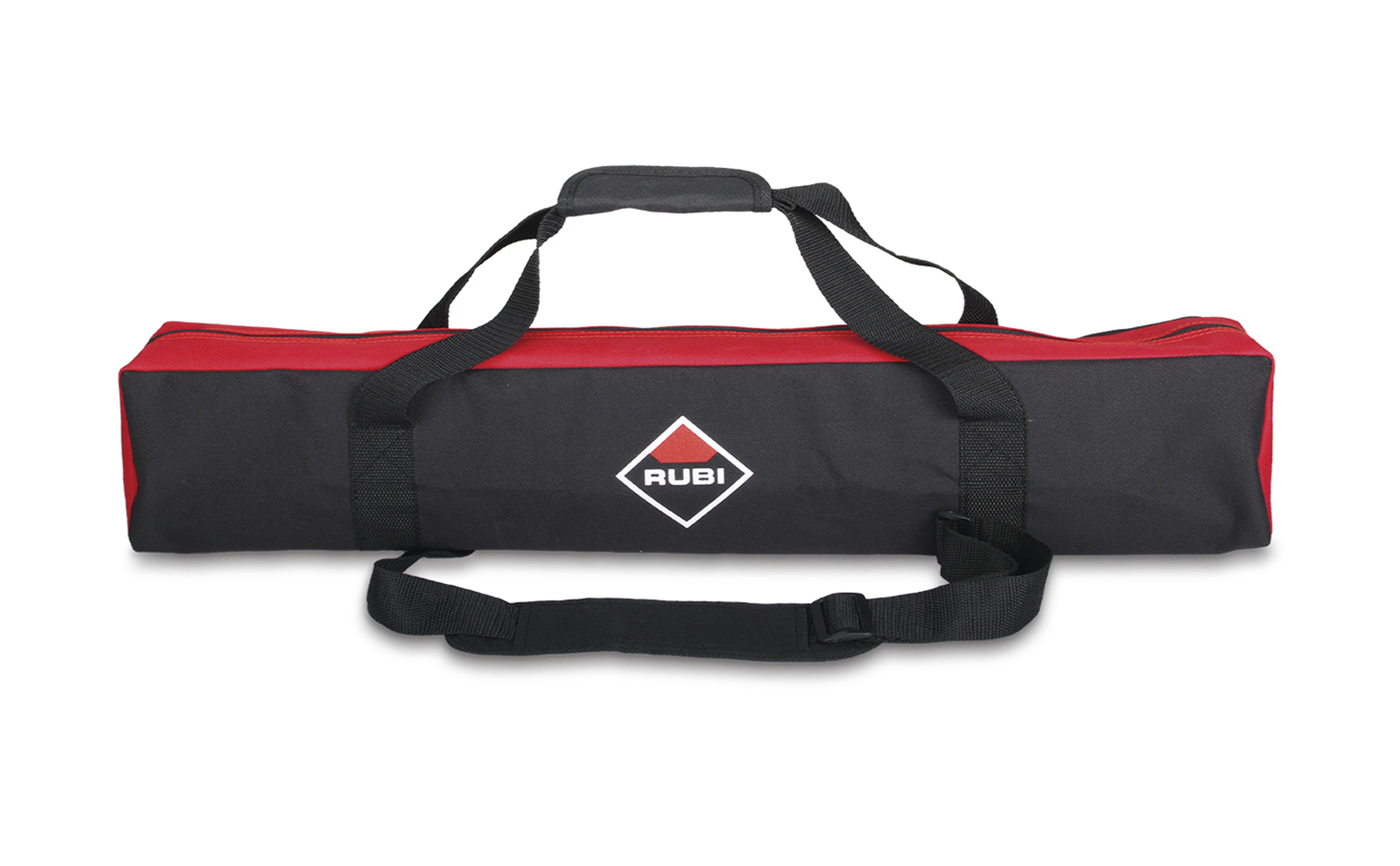 Borsa nera e rossa con manico e cinturino, logo Rubi.