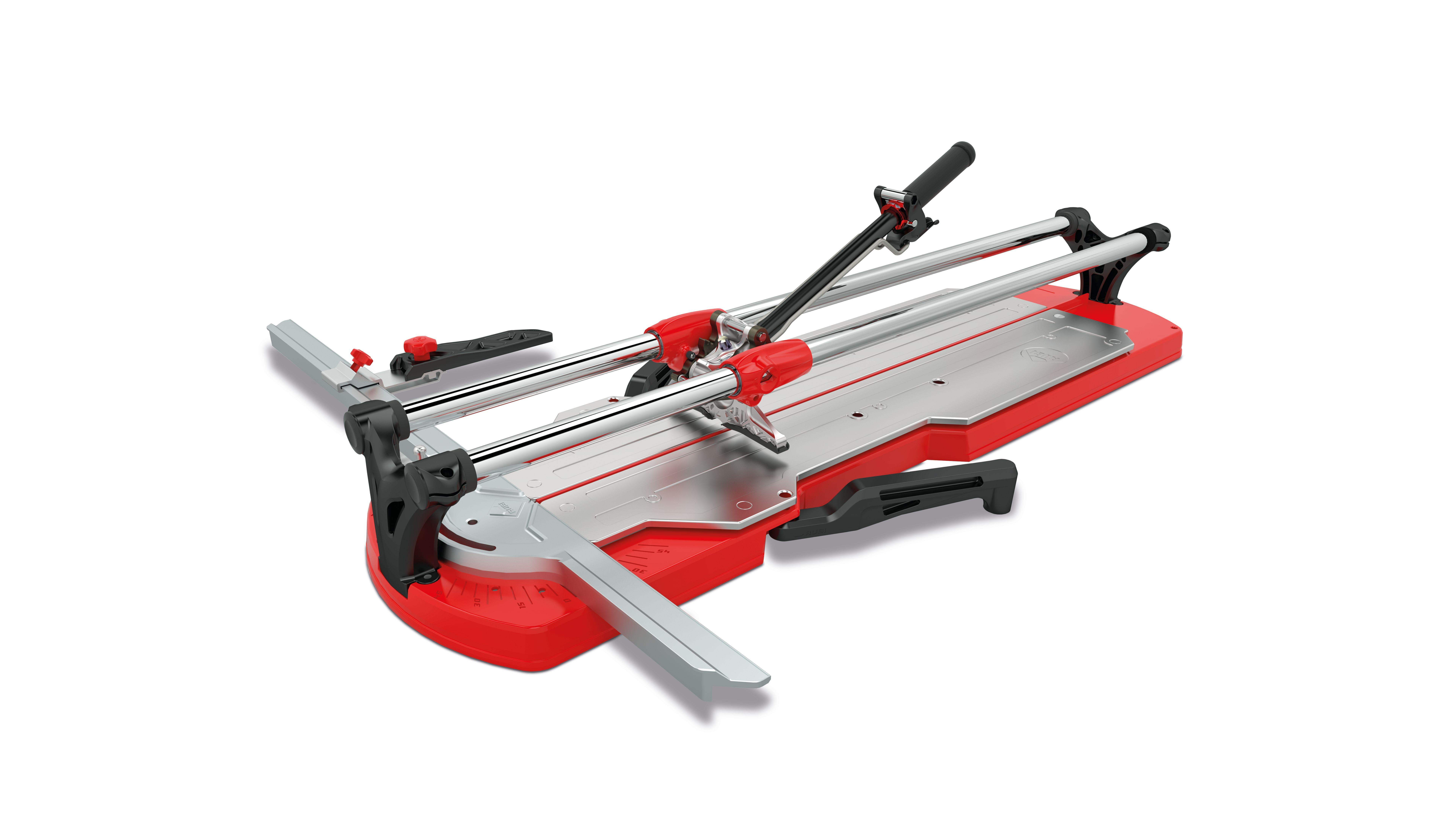 Roter und silberner Fliesenschneider mit schwarzem Griff und Zubehör.