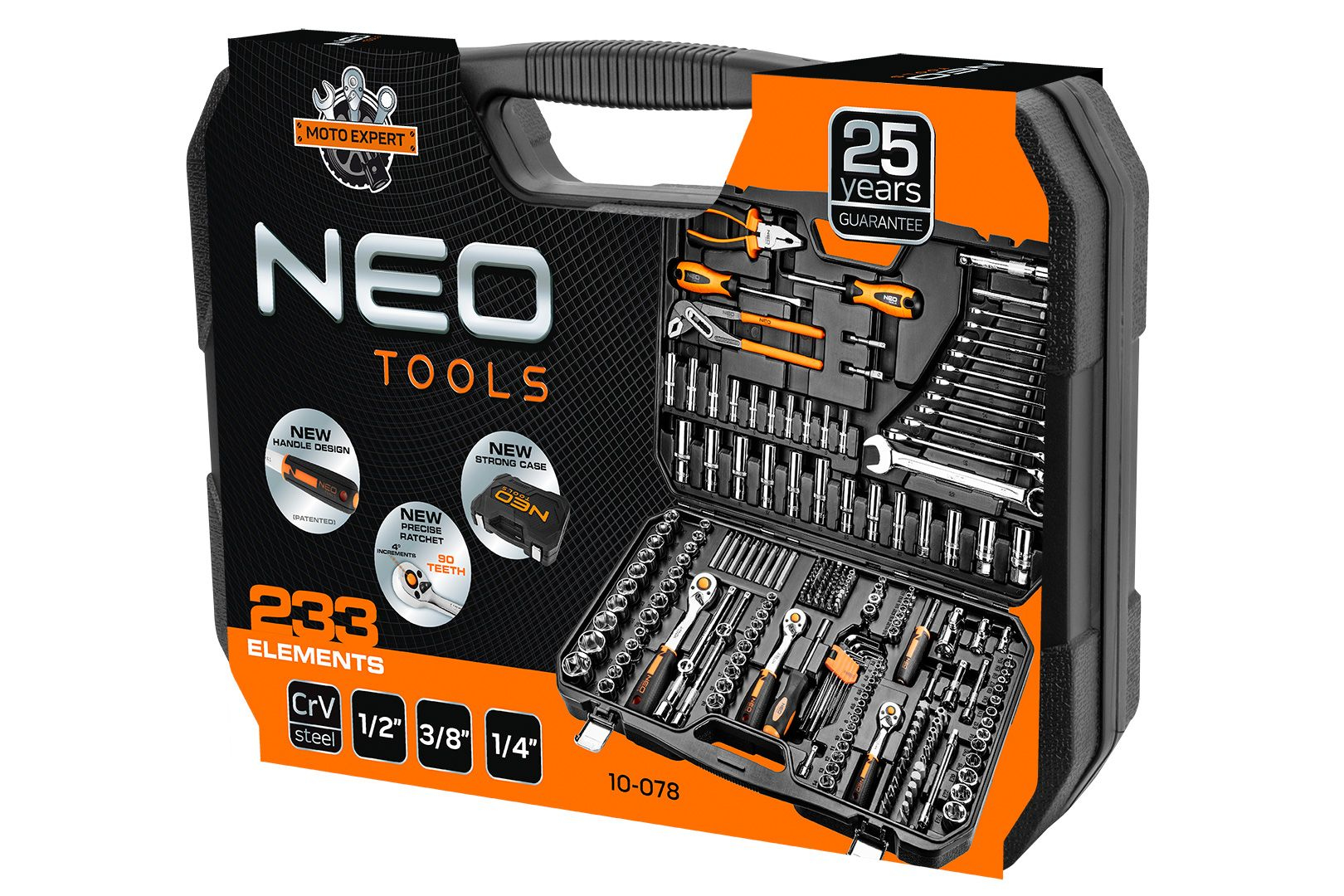 Caja de herramientas con logo NEO TOOLS, 233 elementos, acero CrV y asa. Combinación de colores naranja y negro.