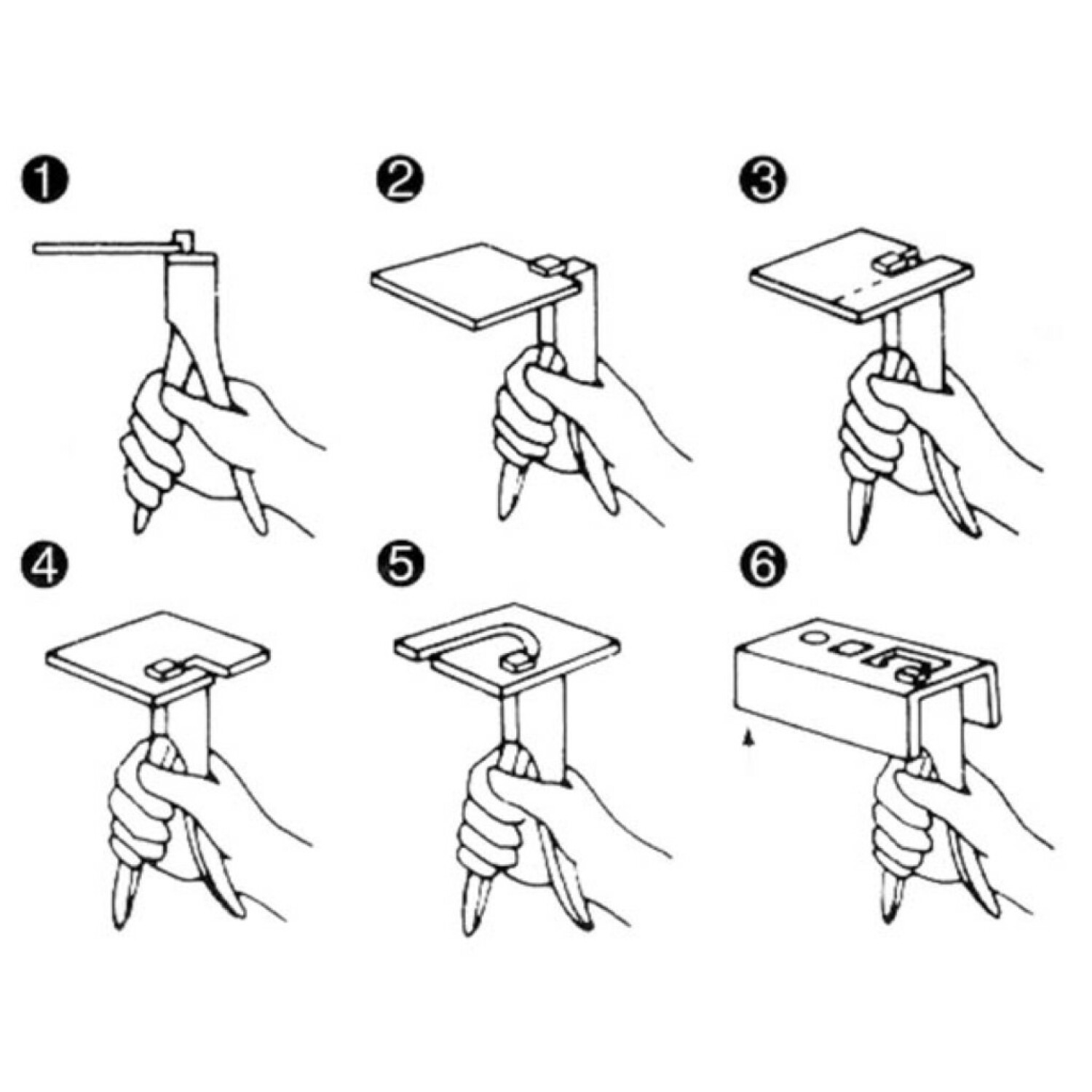 Schwarz-Weiß-Illustrationen zeigen die Schritte zur Verwendung eines Werkzeugs, das von Hand gehalten wird, mit unterschiedlichen Formen.
