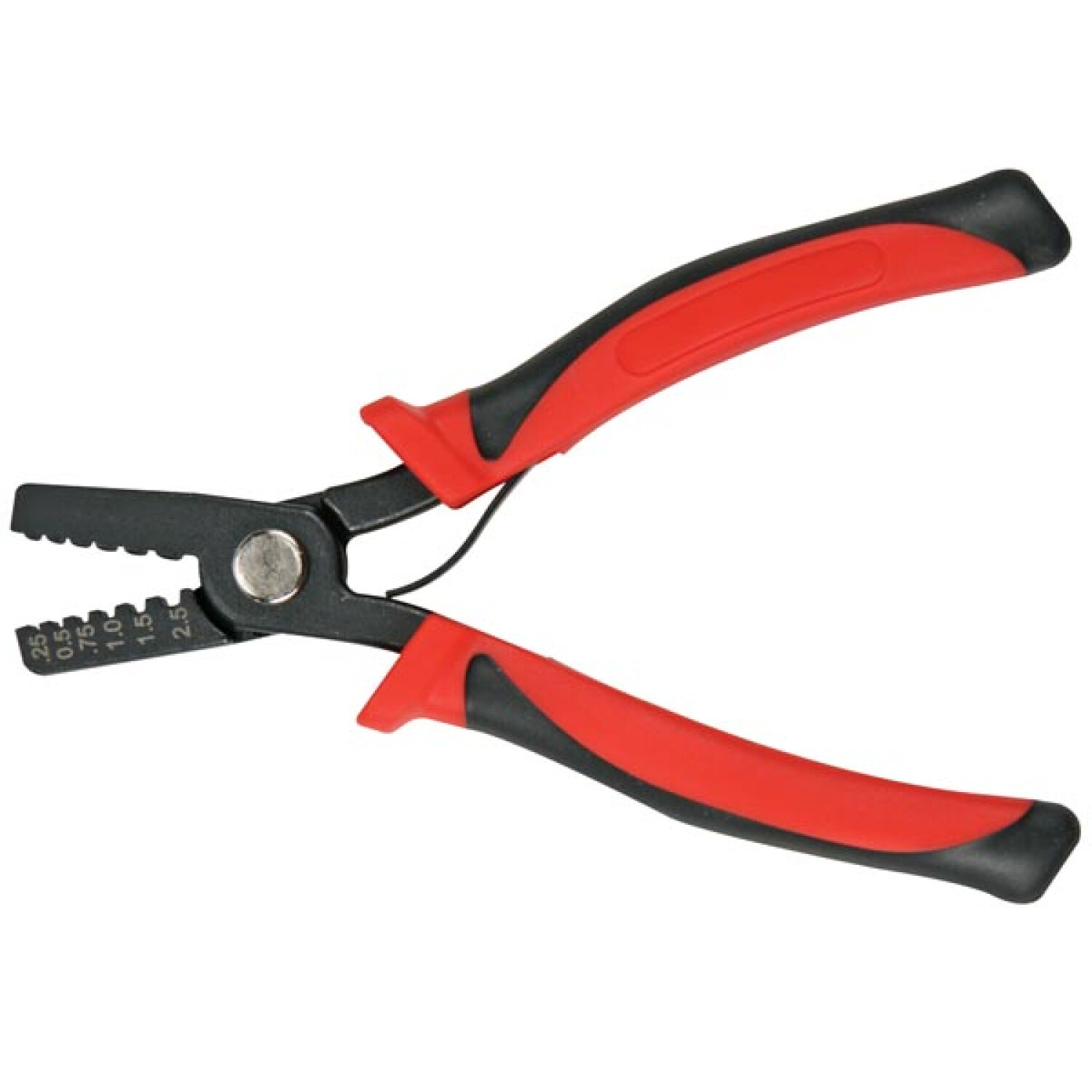 Ściągacz izolacji z czerwono-czarnymi uchwytami i skalą. Są na białym tle.