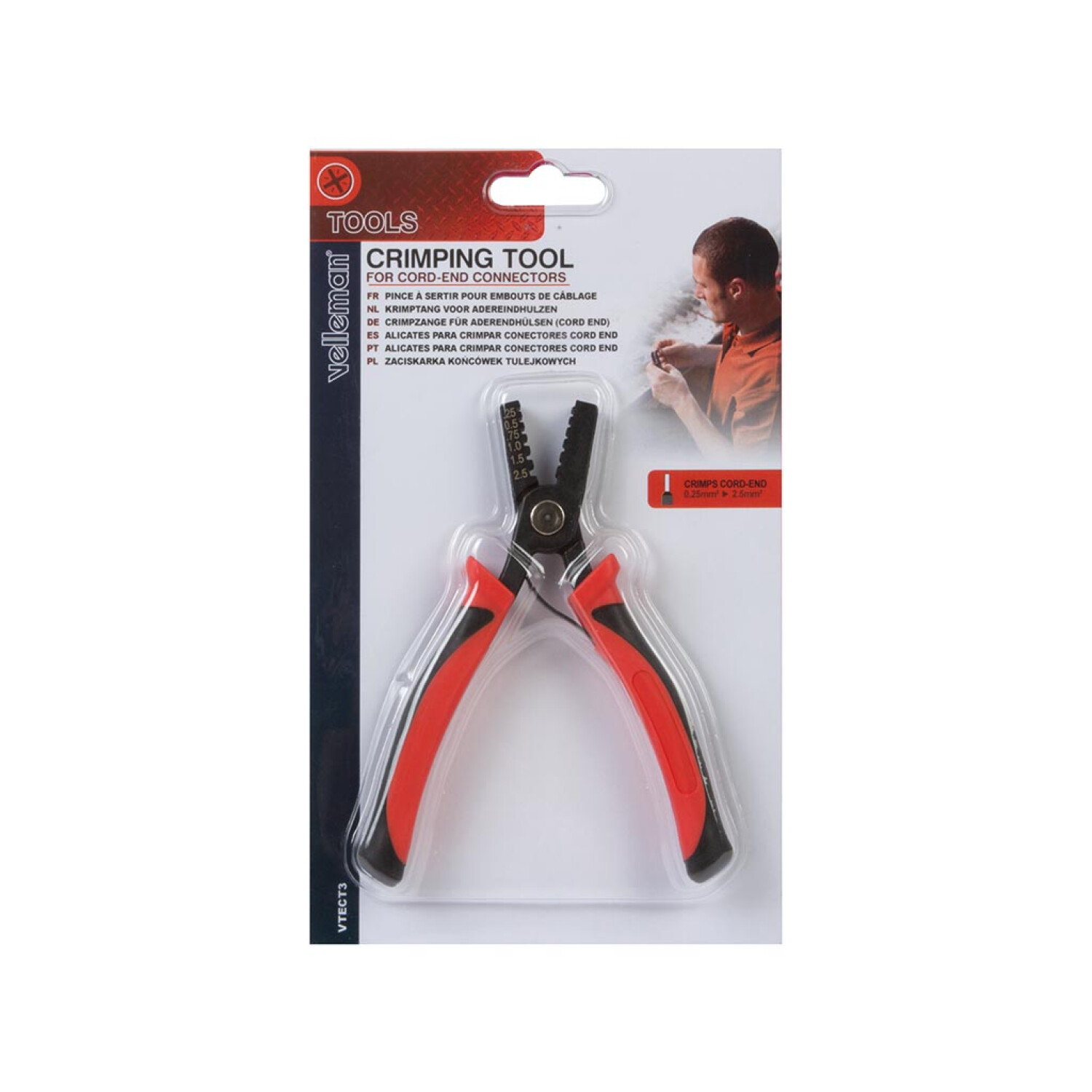 Narzędzie do zaciskania w opakowaniu. Ma czerwono-czarne uchwyty i jest na białym tle.