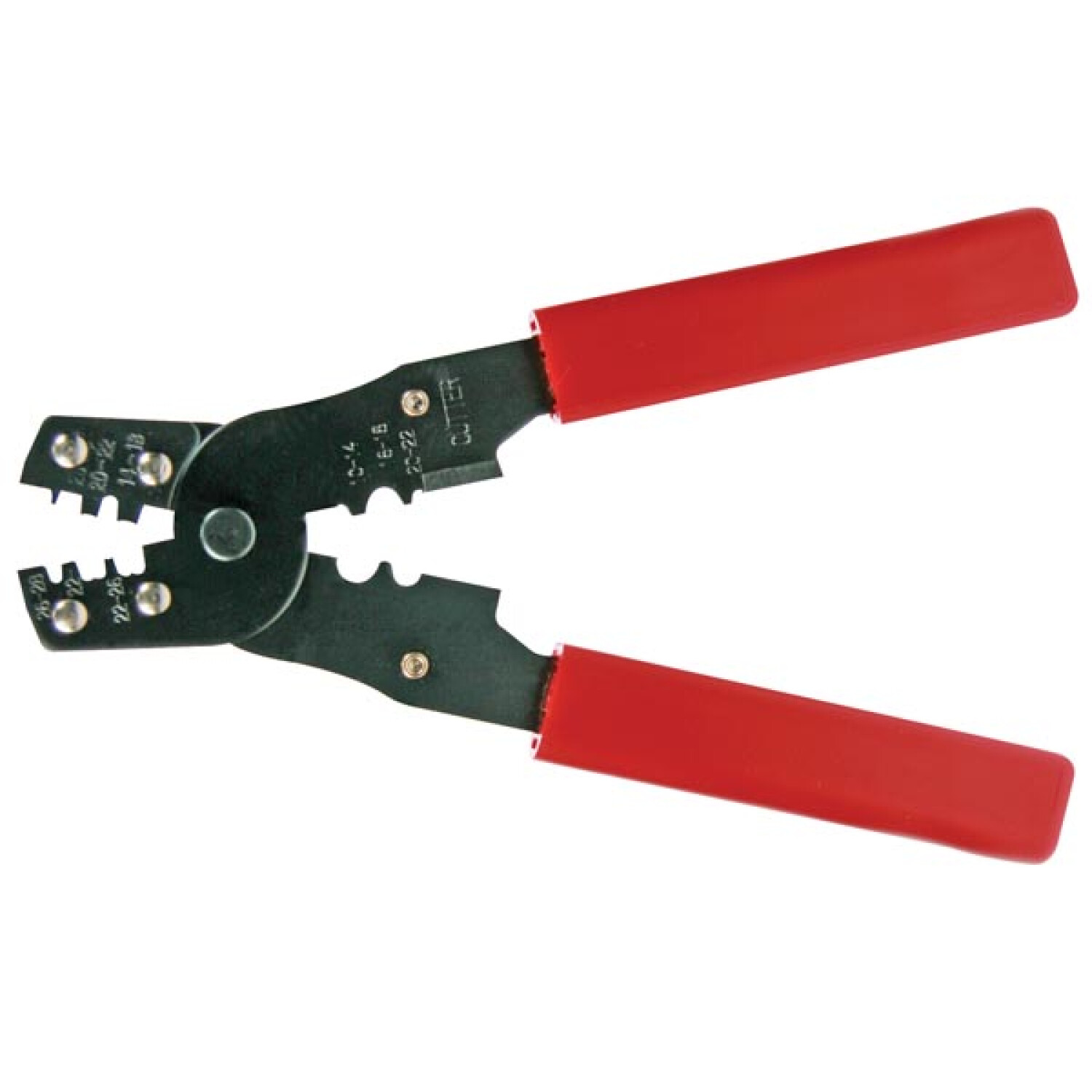 Narzędzie do zdejmowania izolacji z czerwonym uchwytem na białym tle. Czarny metal.