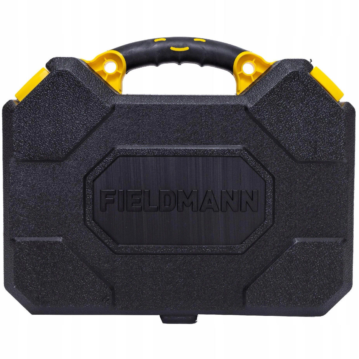 Zamknięta czarna skrzynka narzędziowa z żółtymi akcentami, z nazwą marki FIELDMANN.