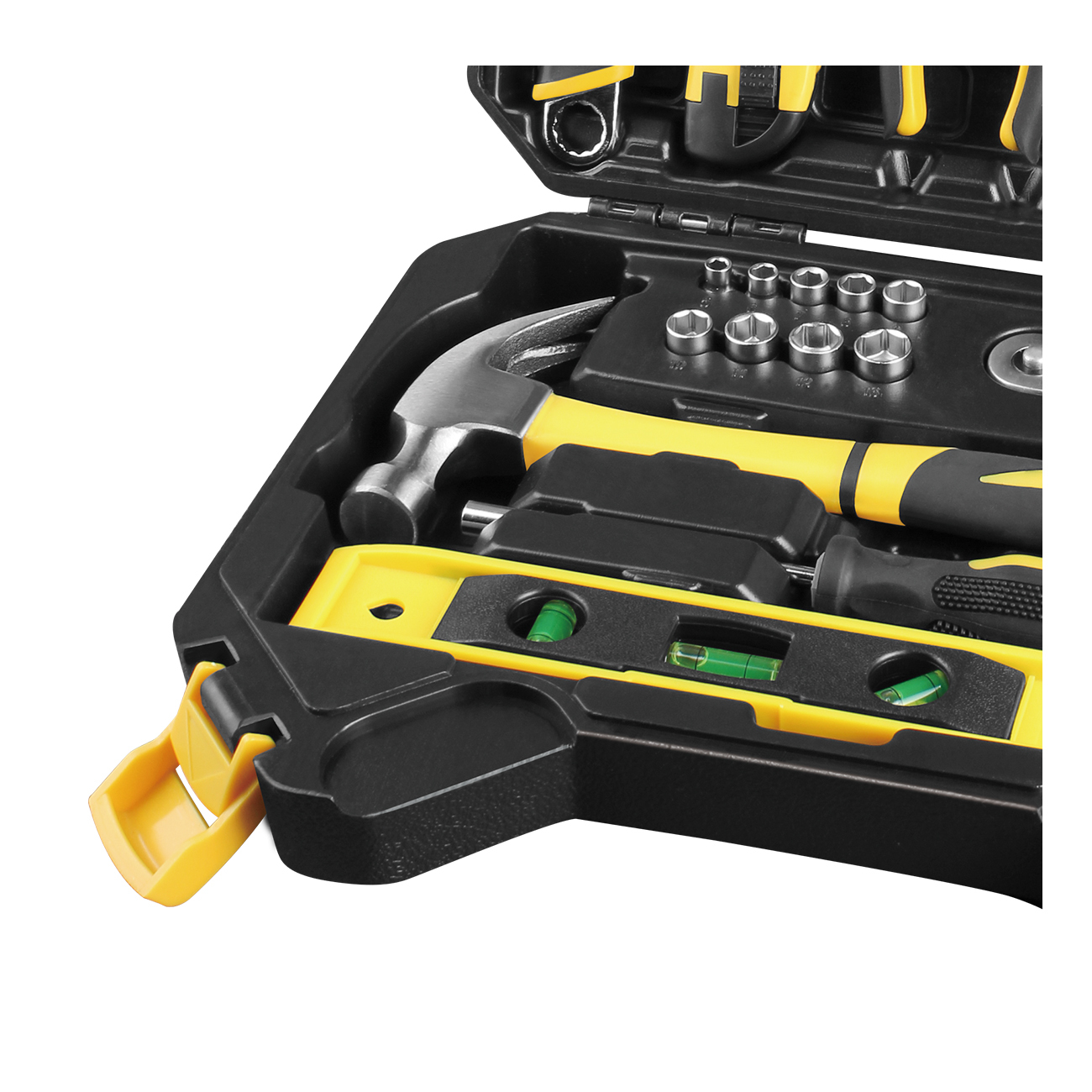 Zbliżenie otwartej skrzynki narzędziowej z młotkiem, poziomicą i innymi narzędziami.