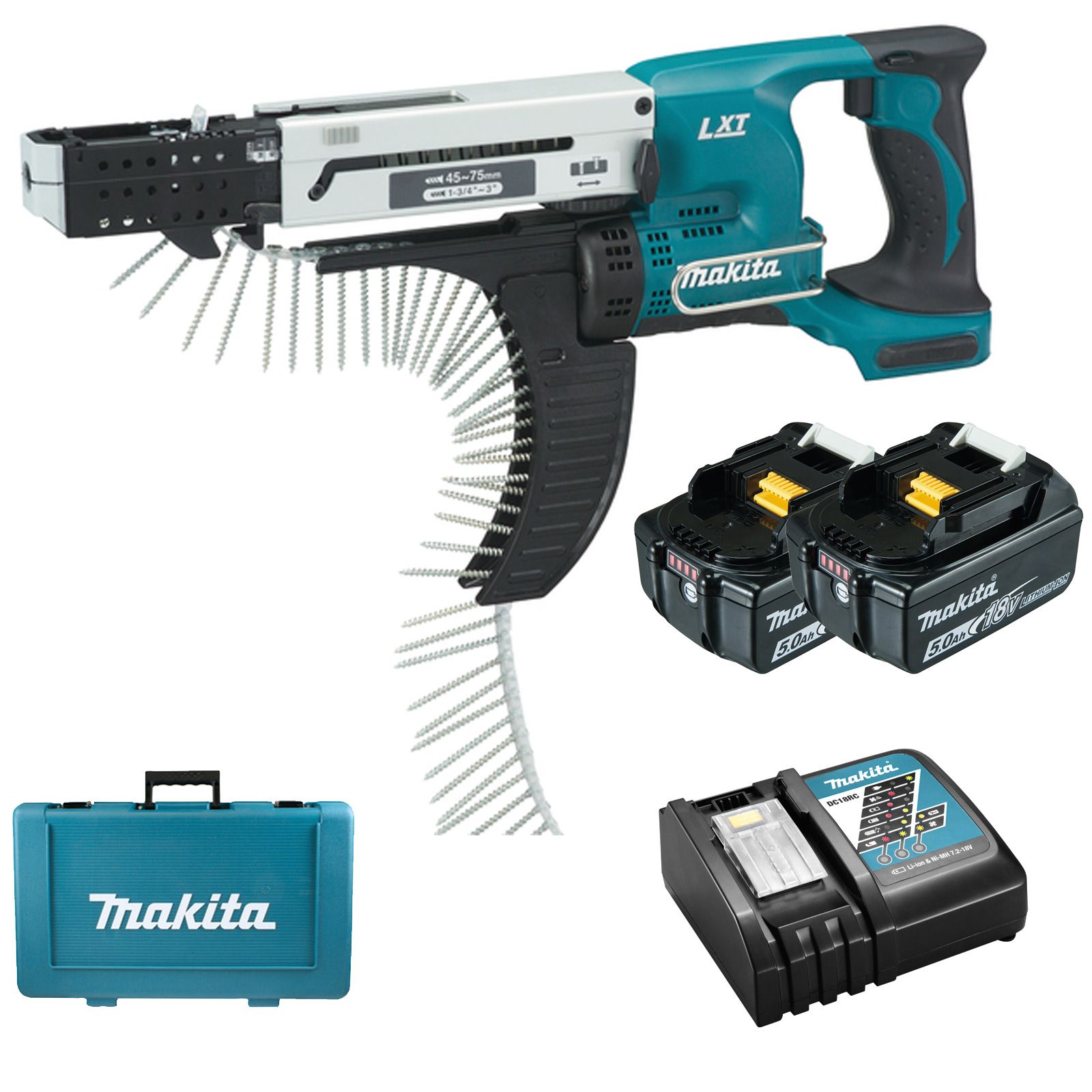 Makita-Elektrowerkzeugsatz. Enthält Bohrmaschine, zwei Akkus, Ladegerät und Tragetasche, alles in Türkis und Schwarz.