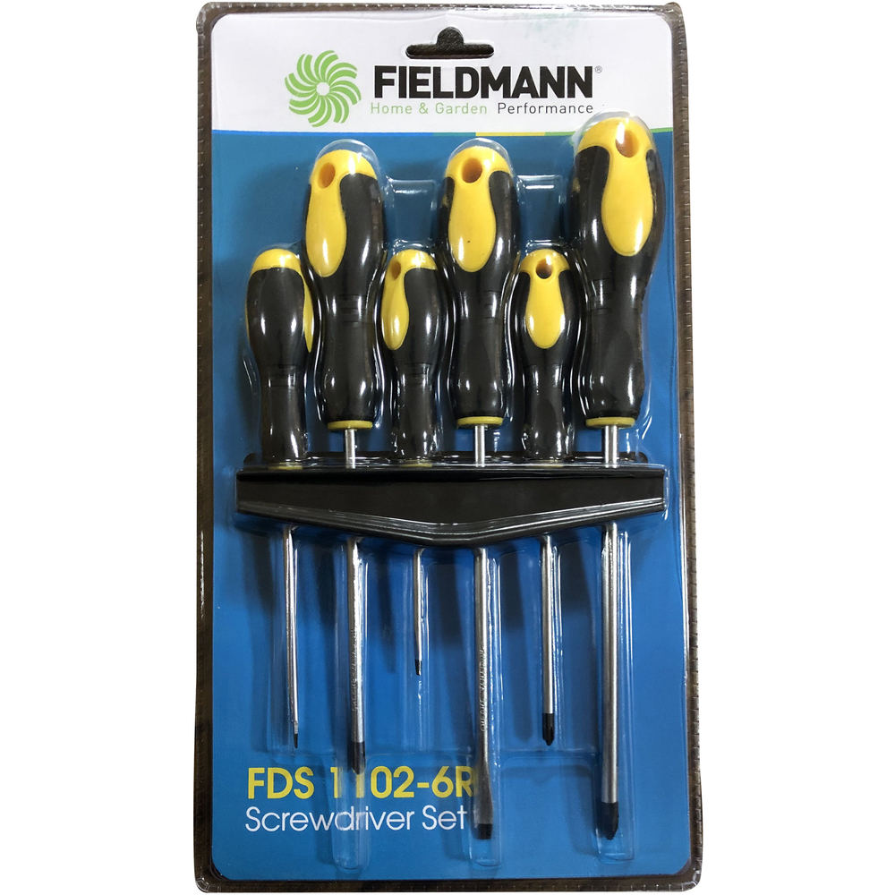 Ein Schraubendreher-Set in einer Verpackung, mit schwarzen und gelben Griffen. Die Verpackung hat den Markennamen Fieldmann.