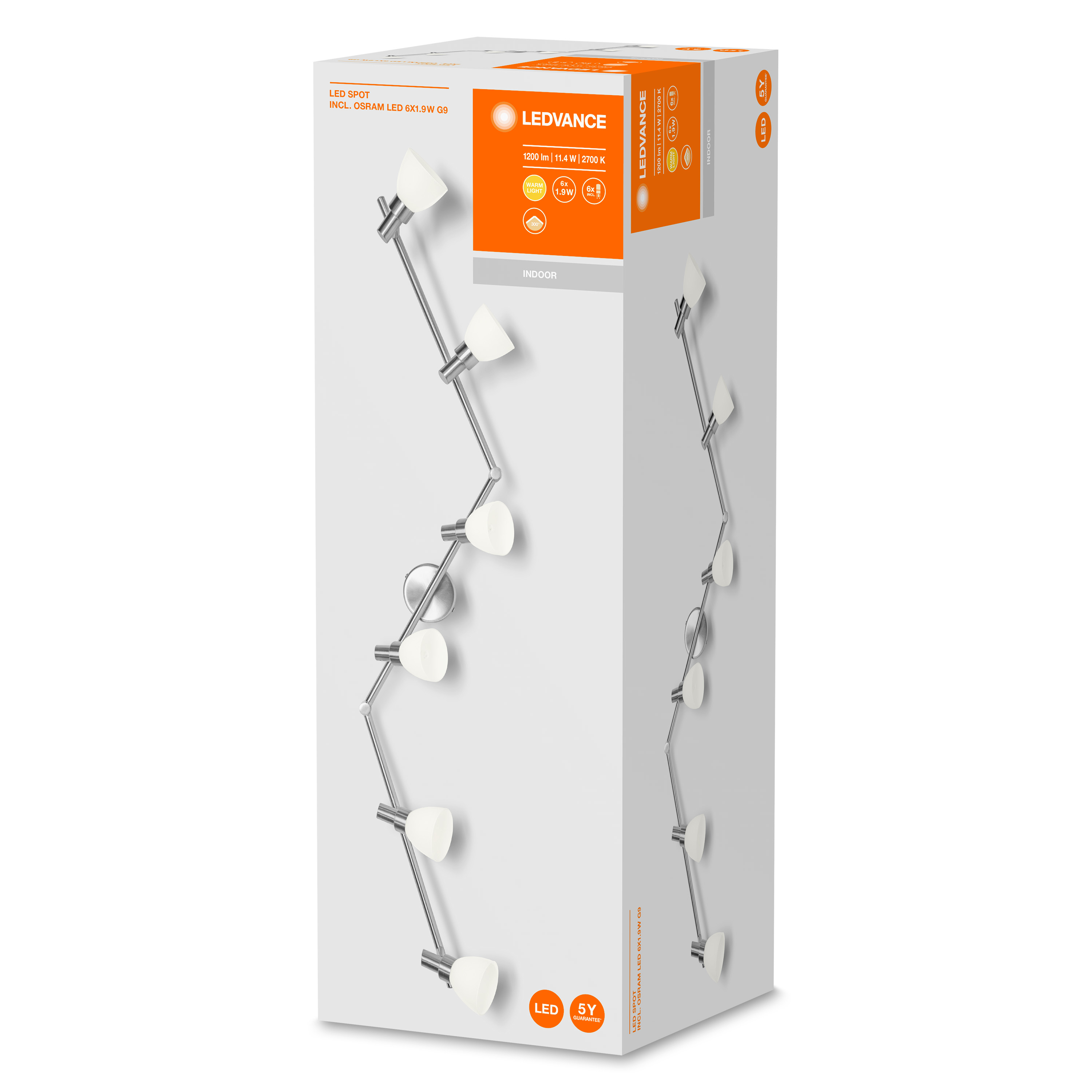 Pudełko z reflektorami LED LEDVANCE. Biało-srebrny design, białe tło.